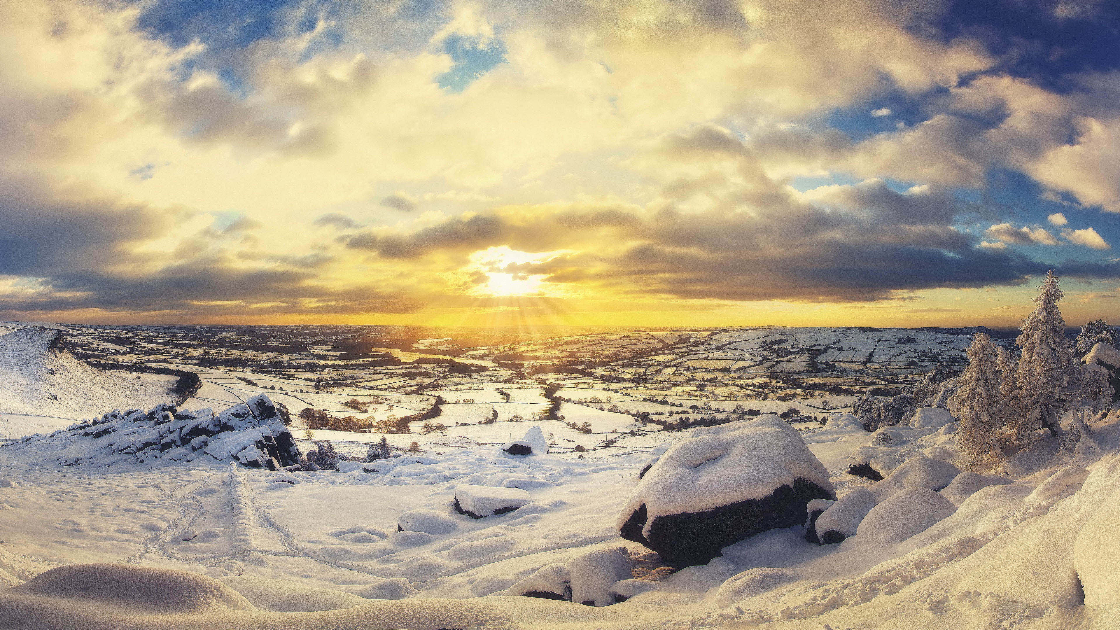 Winter Landscape with Sunset HD Wallpaper