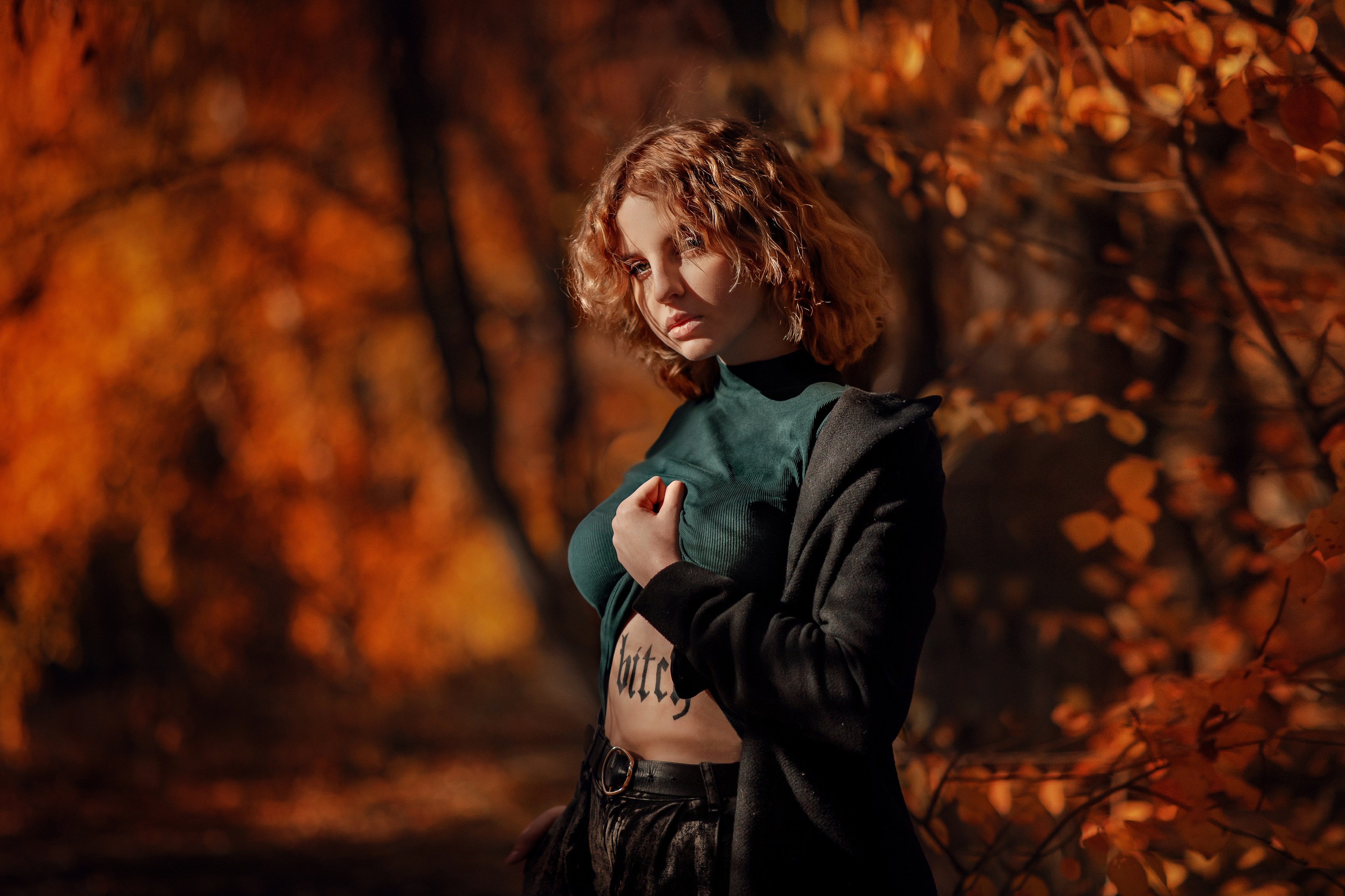 Redhead woman in autumn forest HD Wallpaper