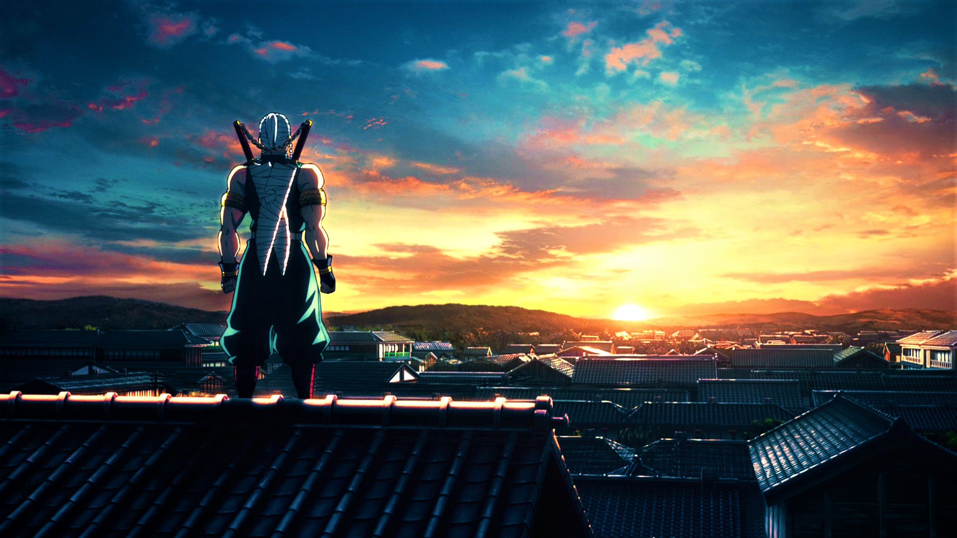 Tengen Uzui standing on a rooftop at sunset HD Wallpaper