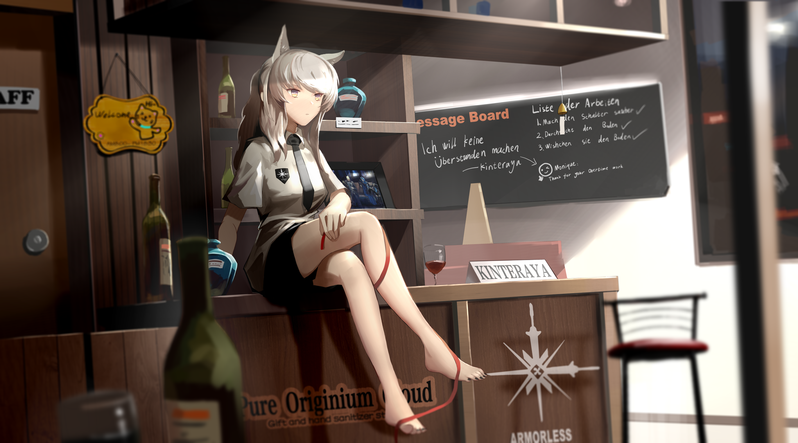 Platinum from Arknights sitting in a bar HD Wallpaper