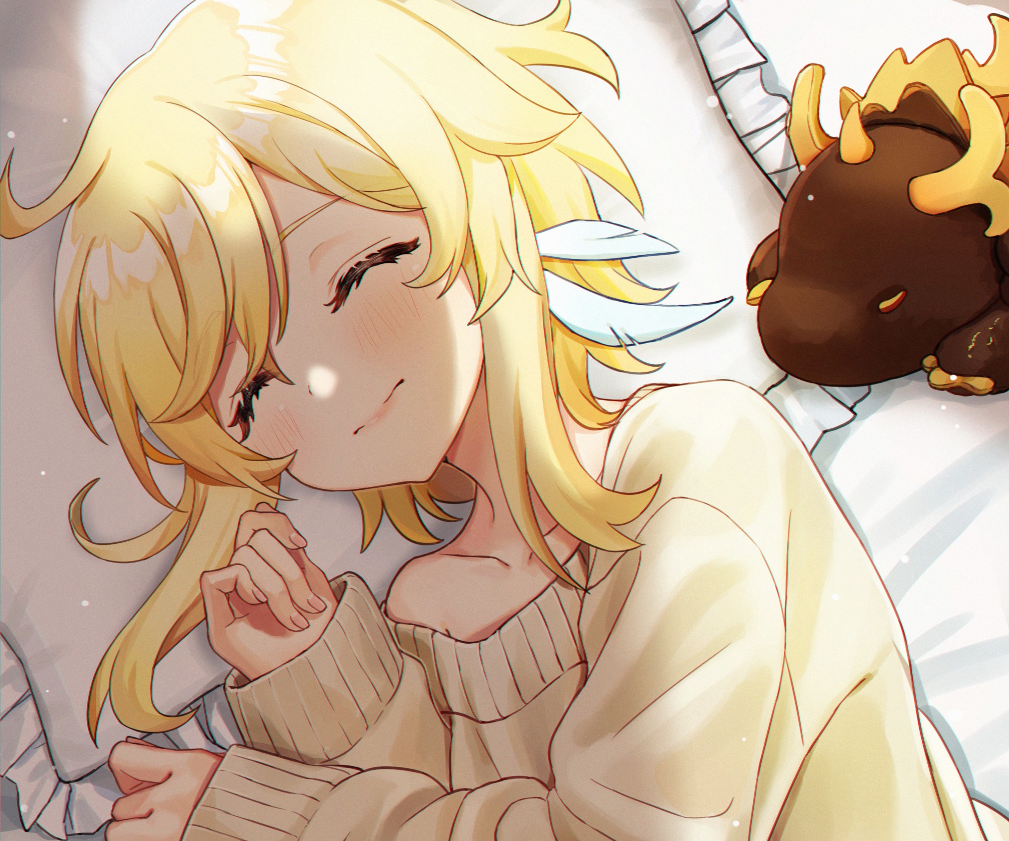 Lumine from Genshin Impact sleeping with a small creature HD Wallpaper