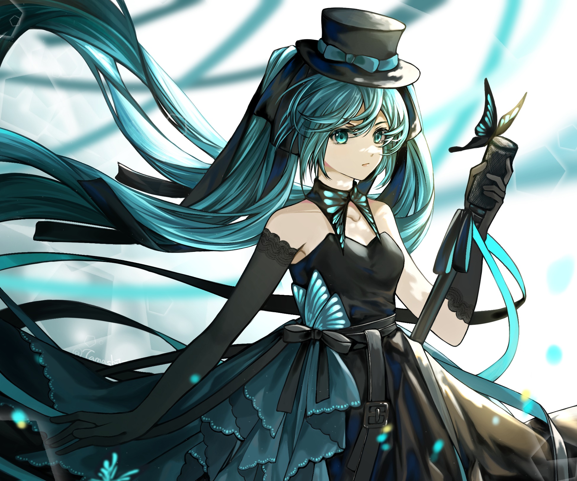 Hatsune Miku in a black dress with butterfly accents HD Wallpaper