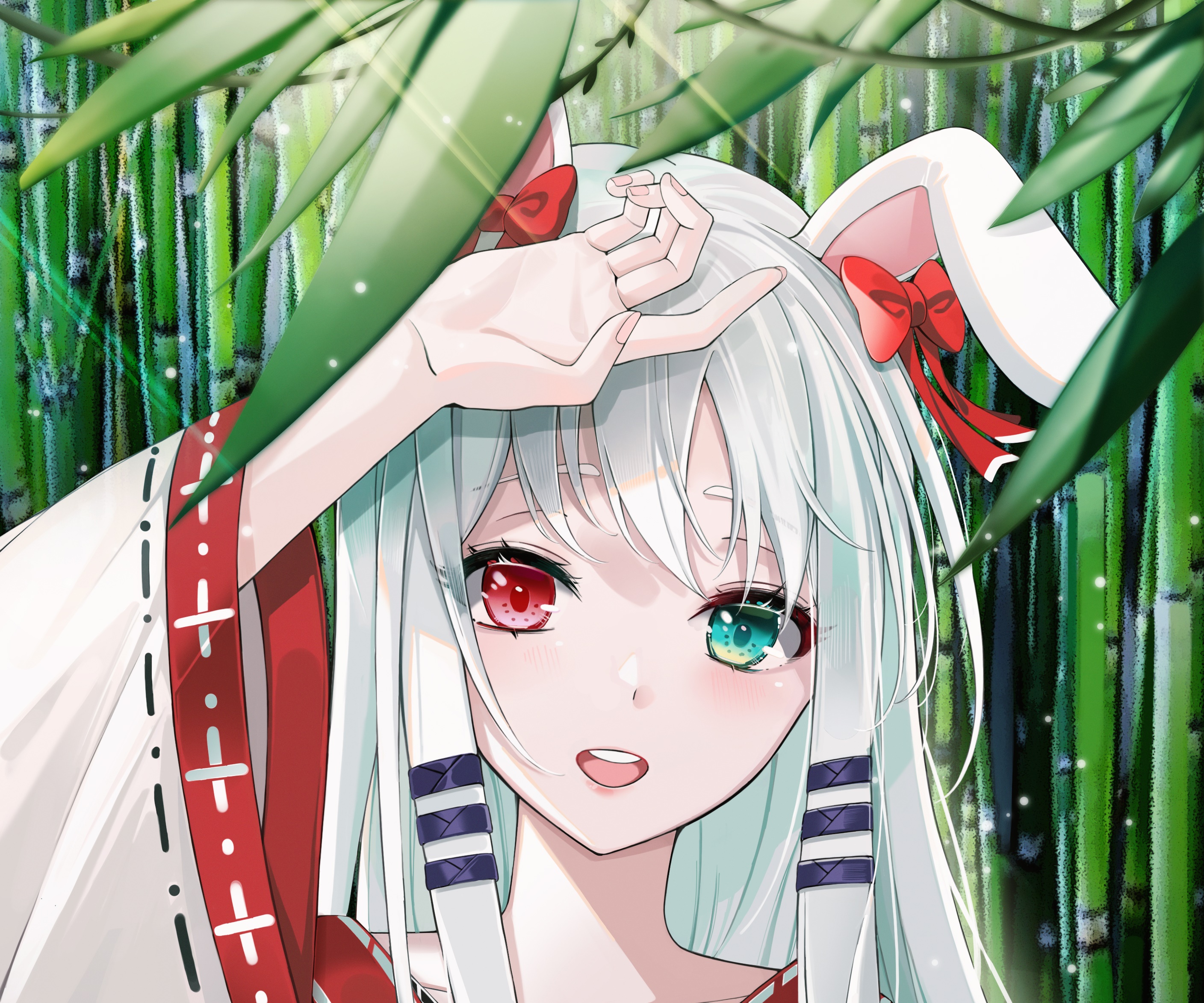 Anime girl with heterochromia and bunny ears in bamboo HD Wallpaper