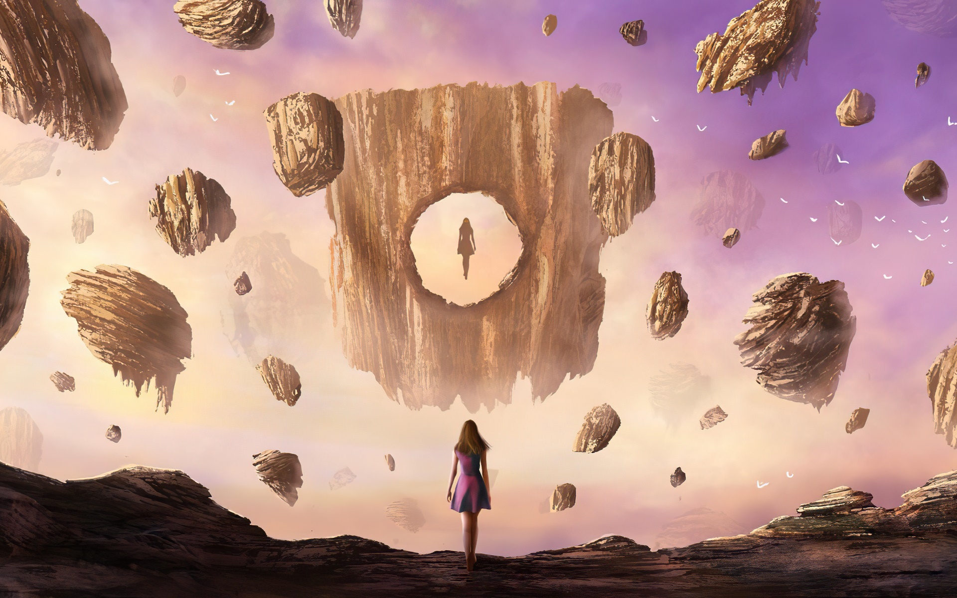 Fantasy woman in a surreal landscape with floating islands HD Wallpaper