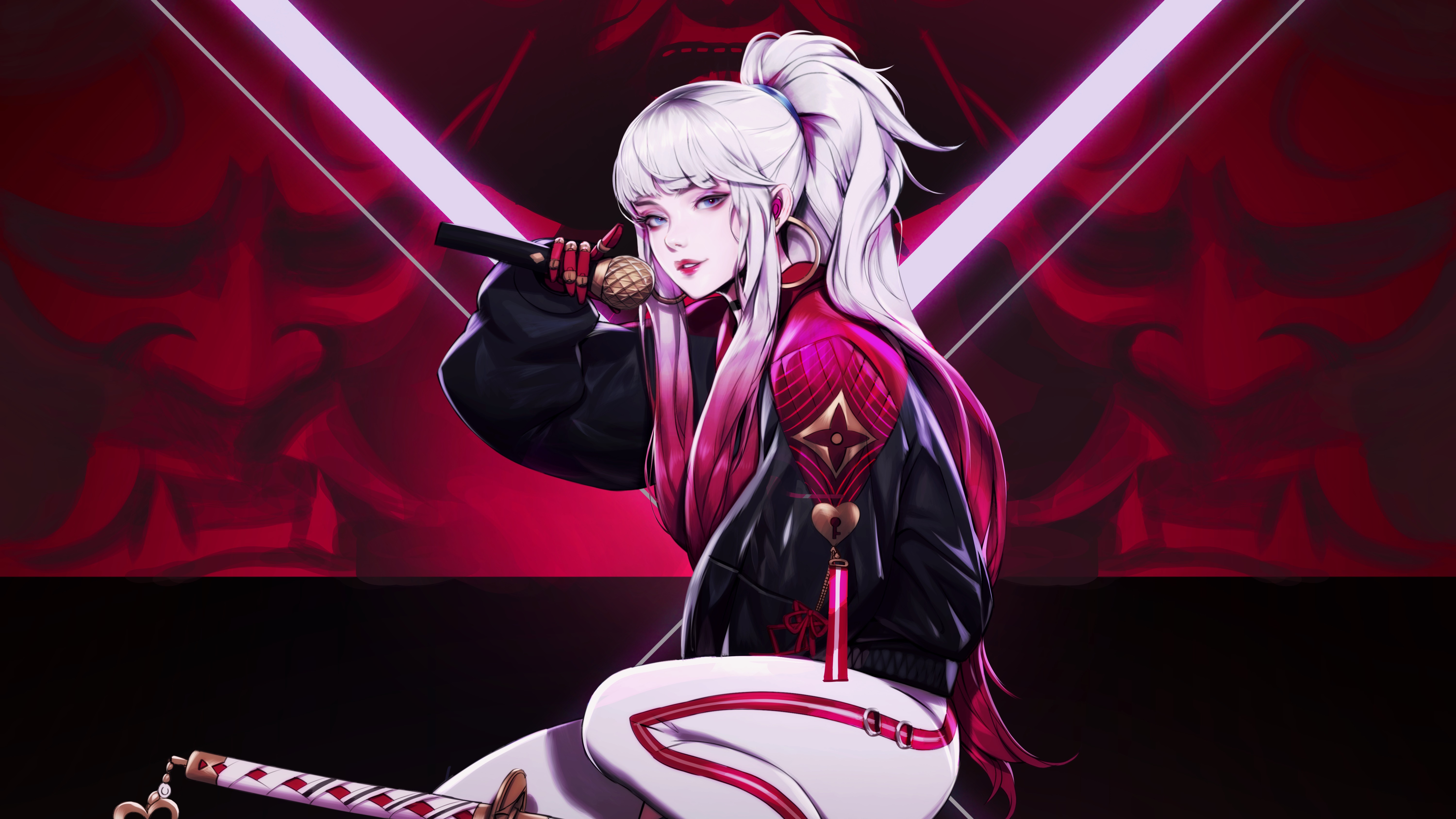 Girl with microphone and katana 4K HD Wallpaper