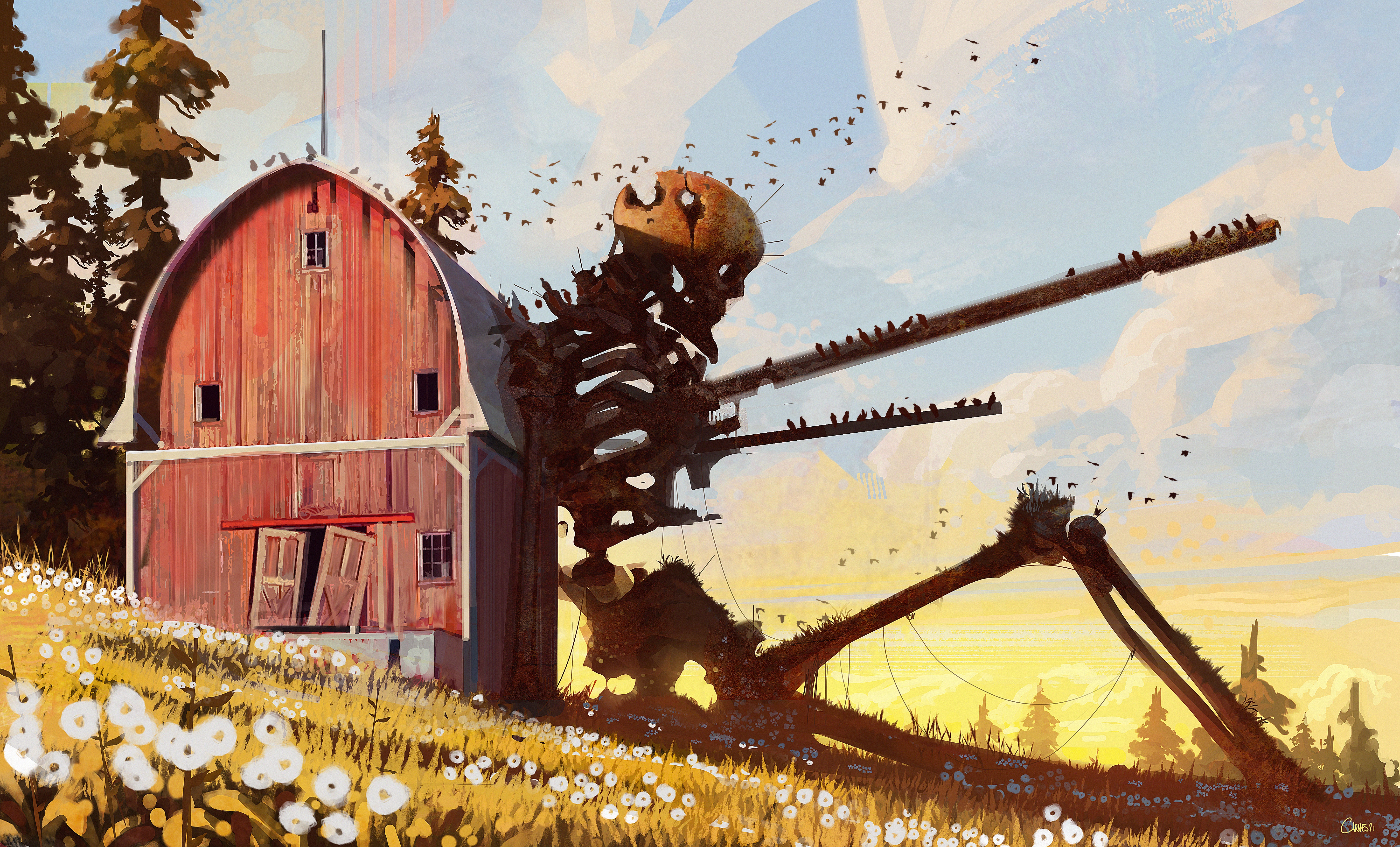 Giant Skeleton and Barn in Field 4K HD Wallpaper