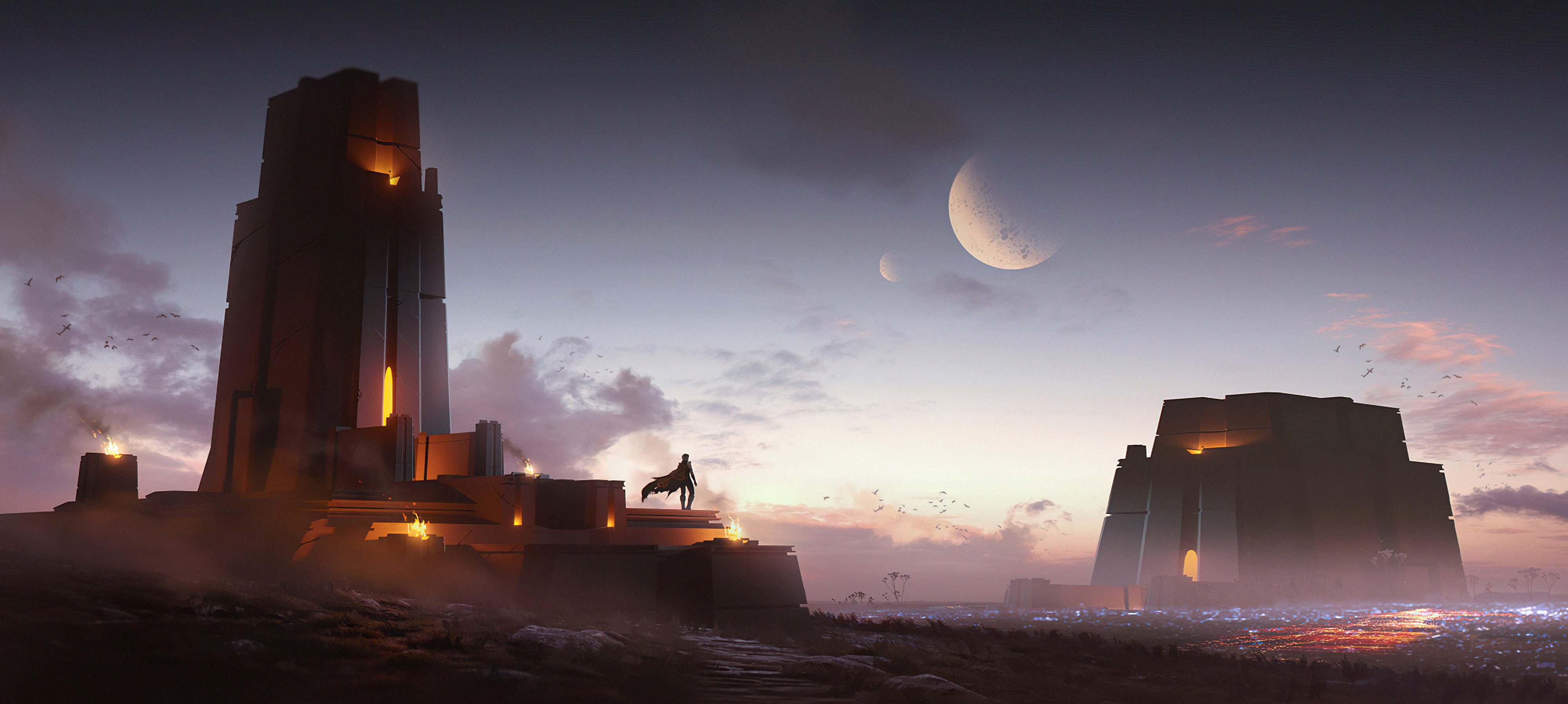 Fantasy temple with moons and city HD Wallpaper