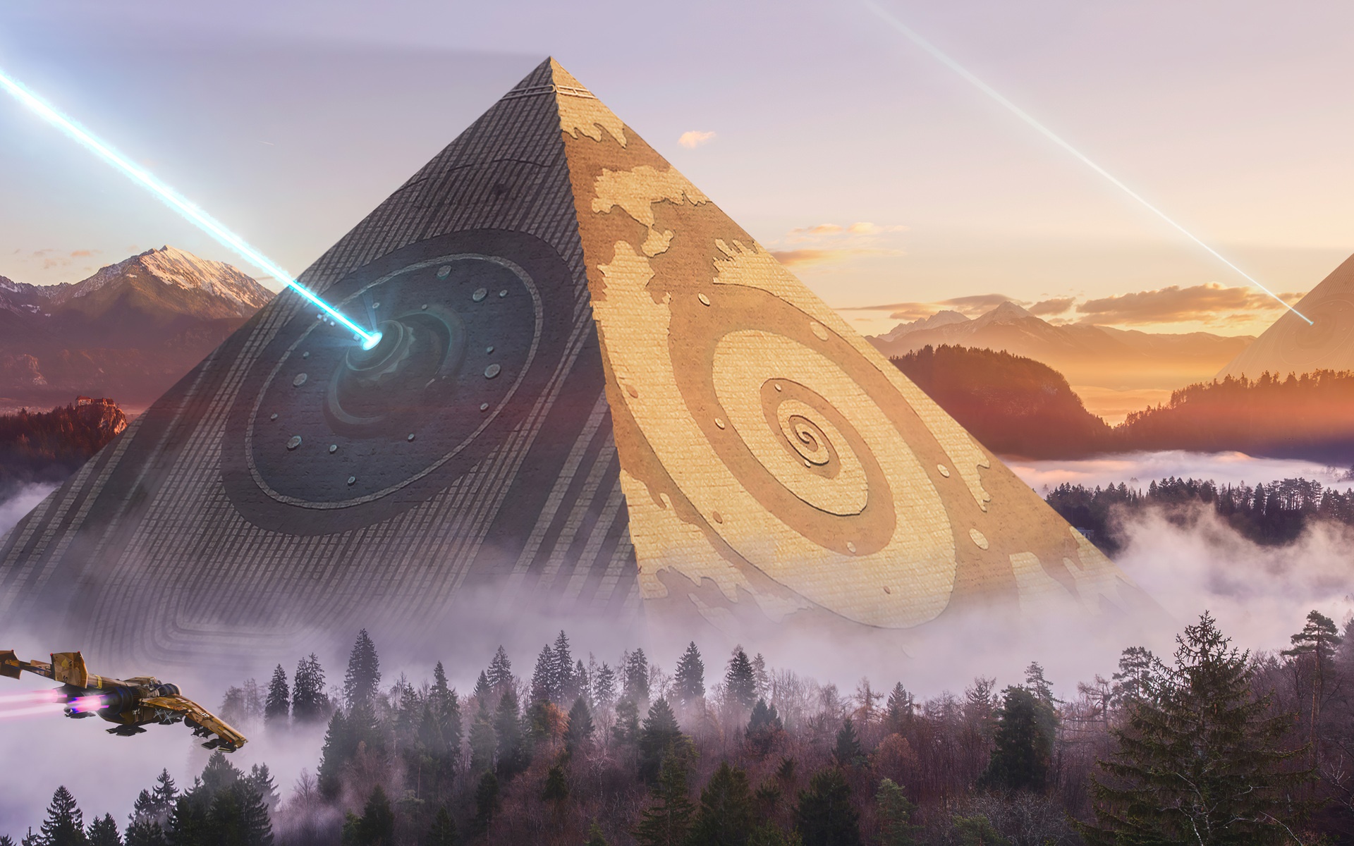 Fantasy Pyramid with Spaceship and Laser Beam HD Wallpaper