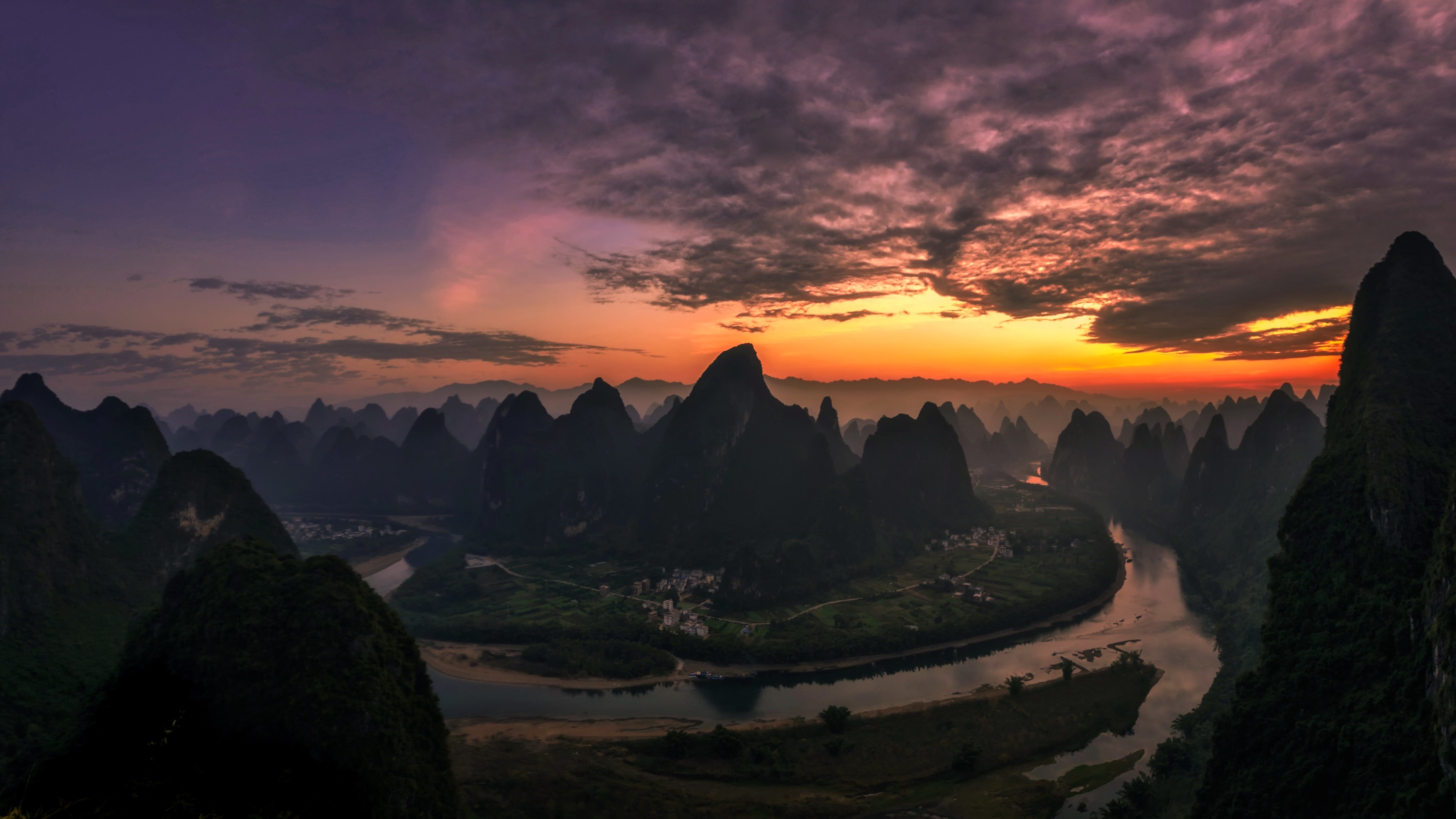 Karst mountains and river at sunrise in Zhangjiajie National Forest Park, China HD Wallpaper