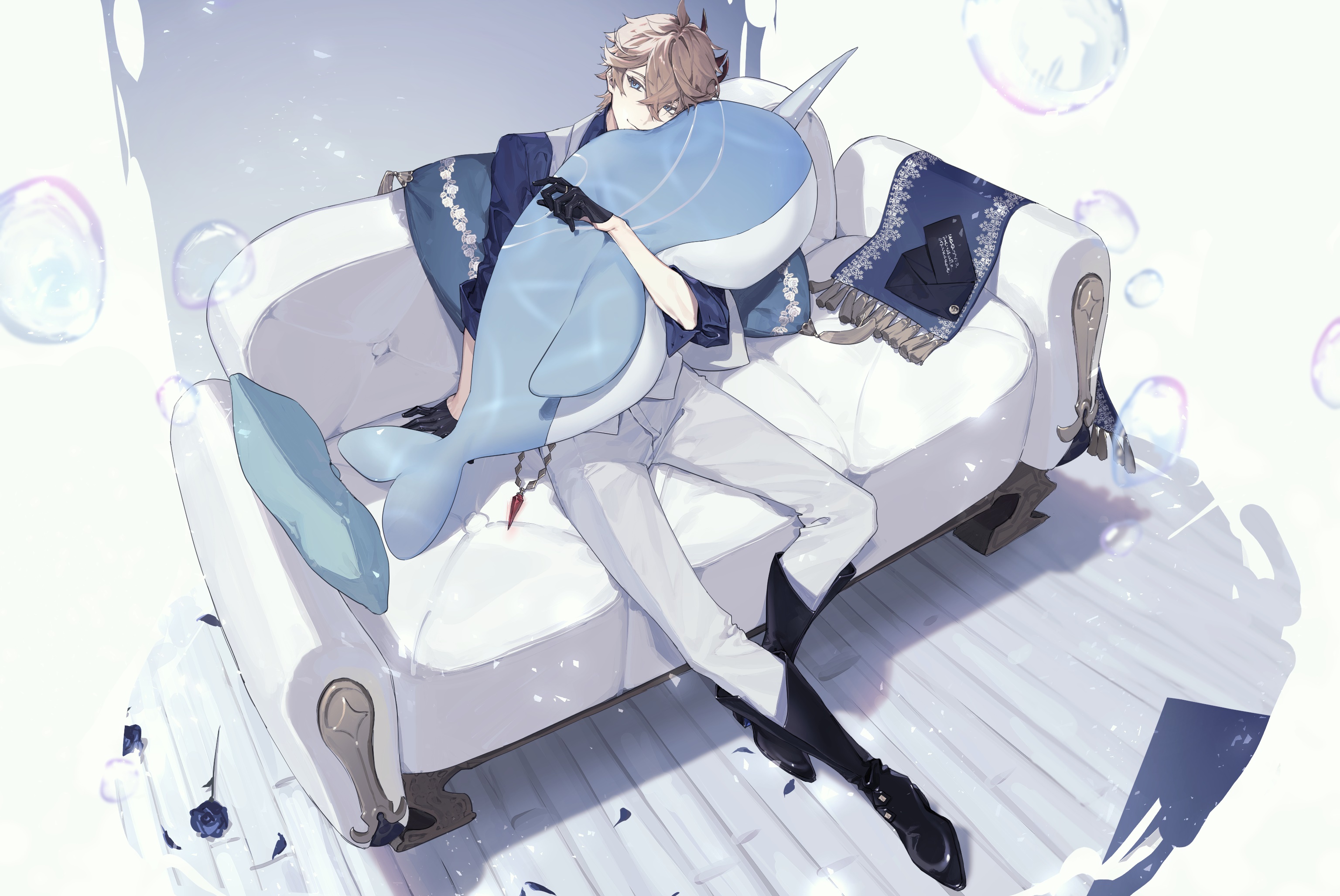 Tartaglia Childe from Genshin Impact with a whale plush HD Wallpaper
