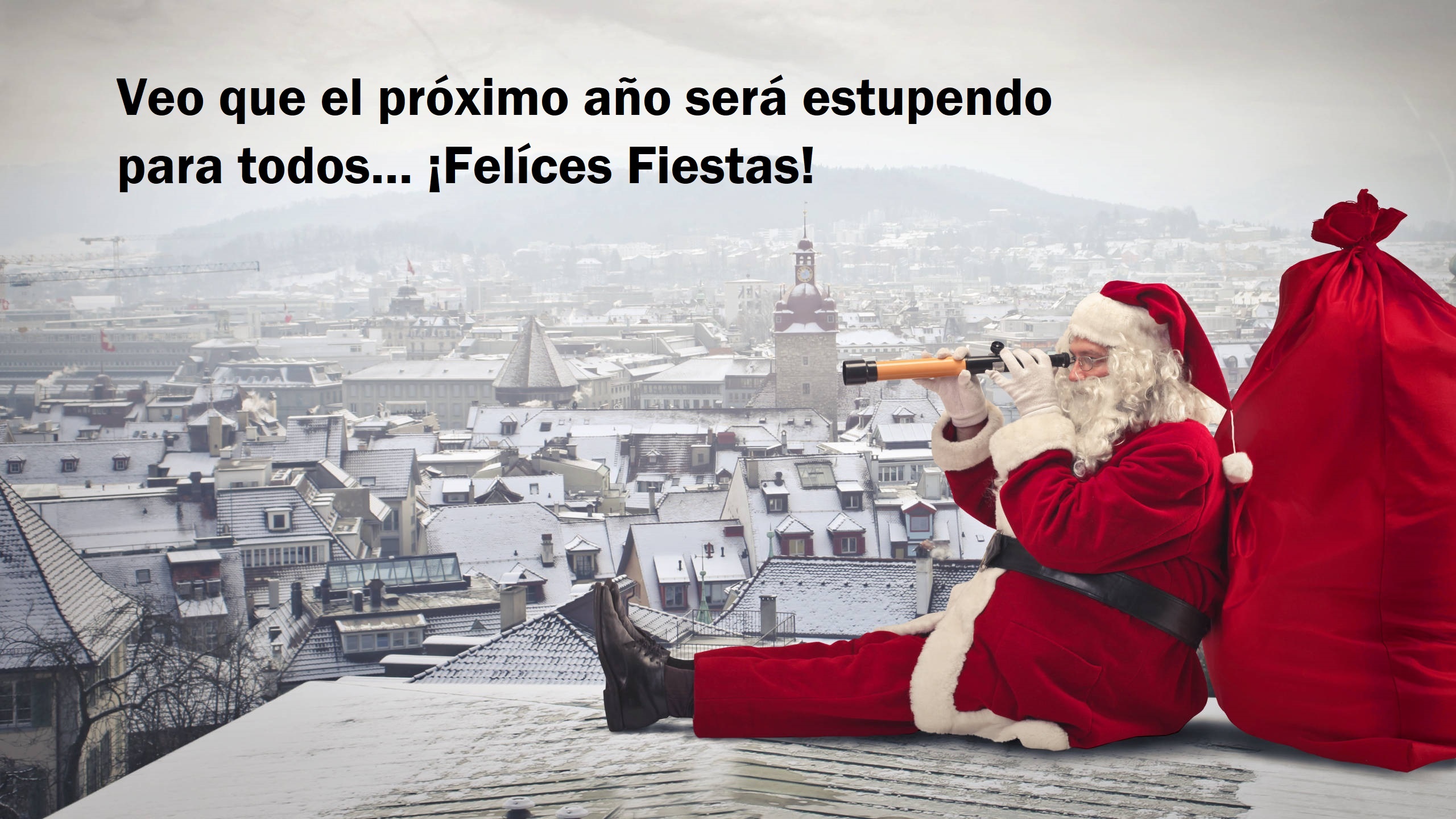 Santa Claus with a telescope and gift bag overlooking a snowy city HD Wallpaper