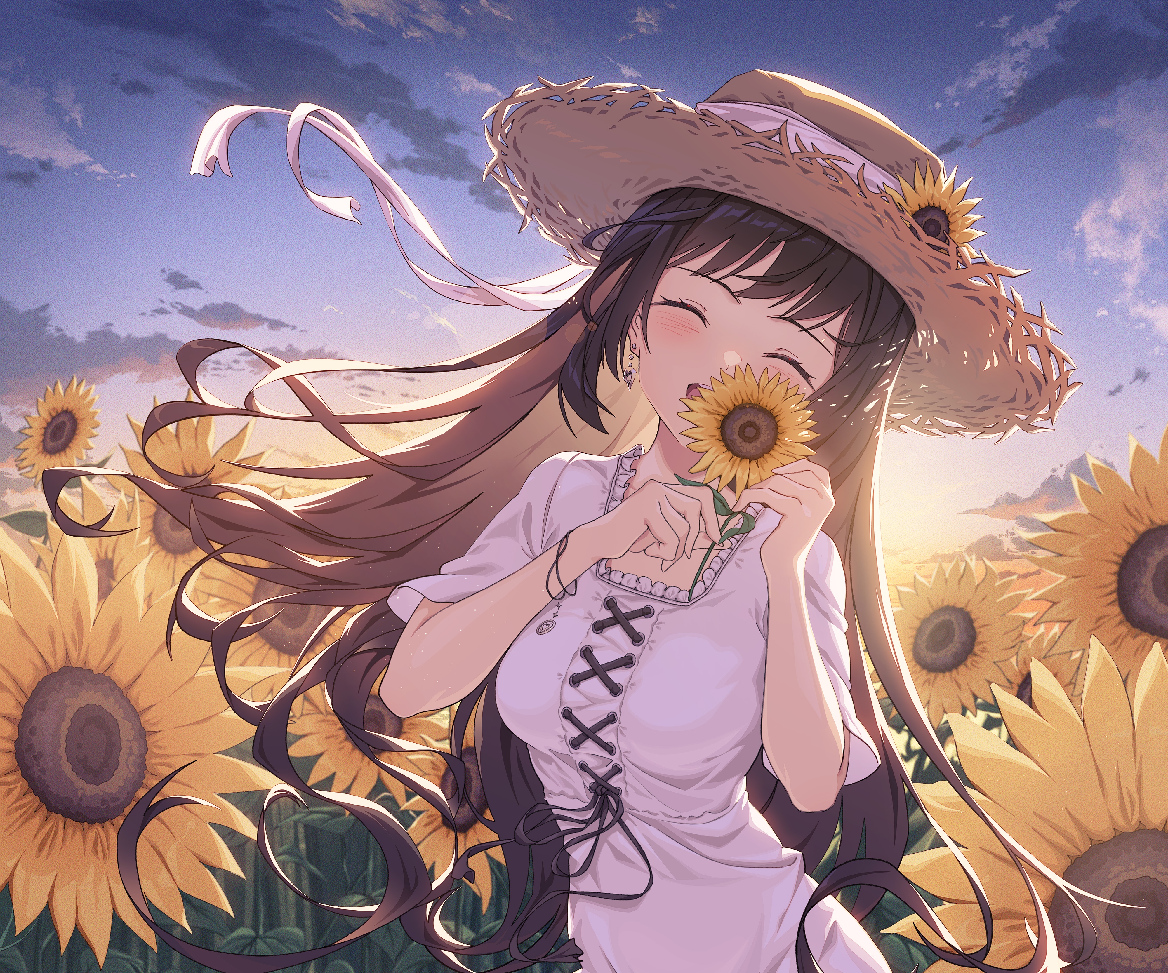 Girl in Straw Hat in Sunflower Field HD Wallpaper