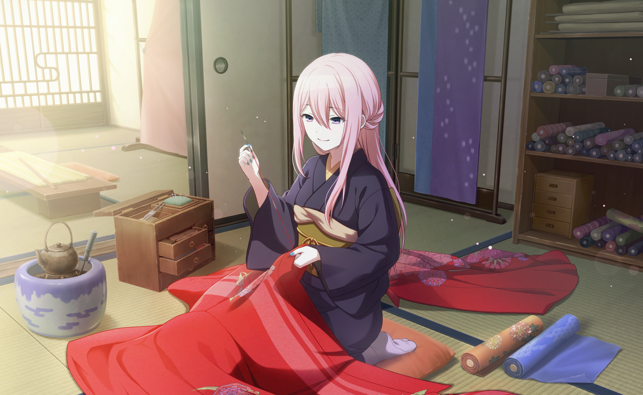 Luka Megurine sewing a kimono in Project Sekai HD Wallpaper