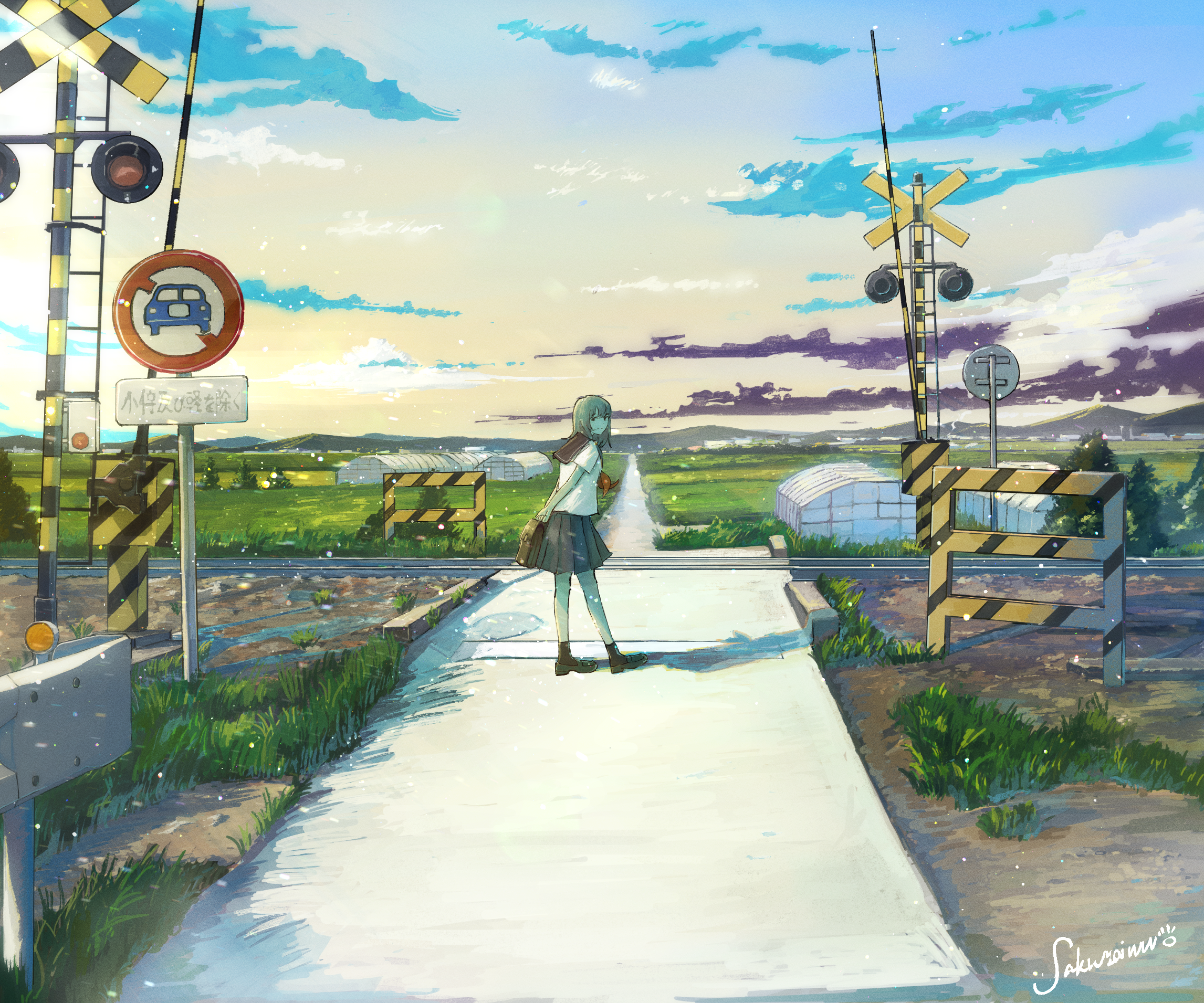 Girl at a railroad crossing at sunset HD Wallpaper