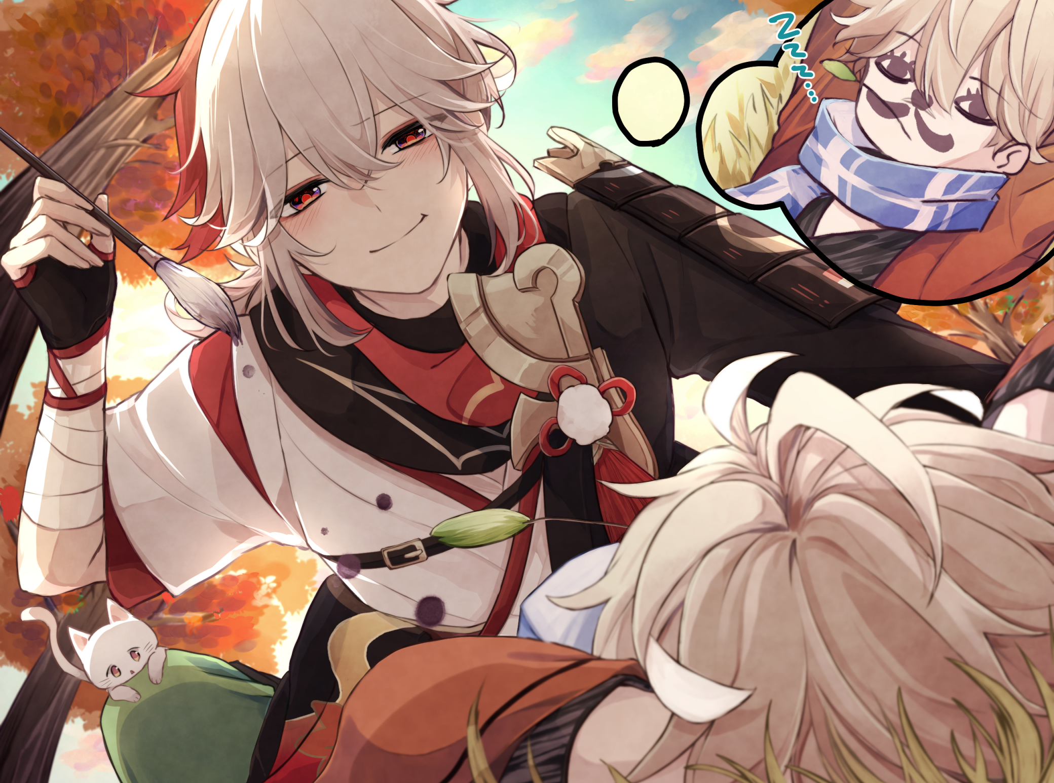 Kaedehara Kazuha from Genshin Impact with a sleeping companion HD Wallpaper