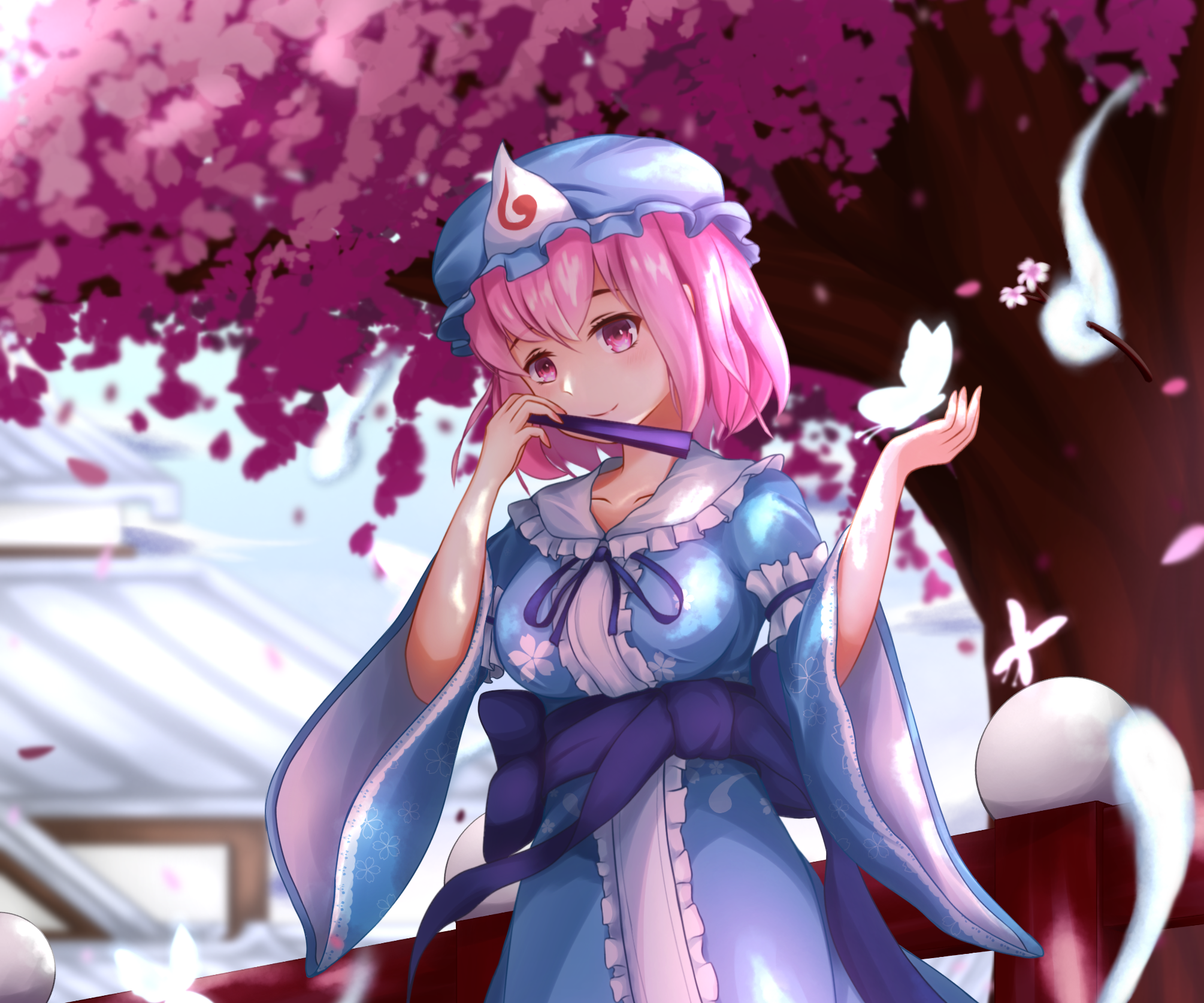 Yuyuko Saigyouji from Touhou with pink cherry blossoms HD Wallpaper