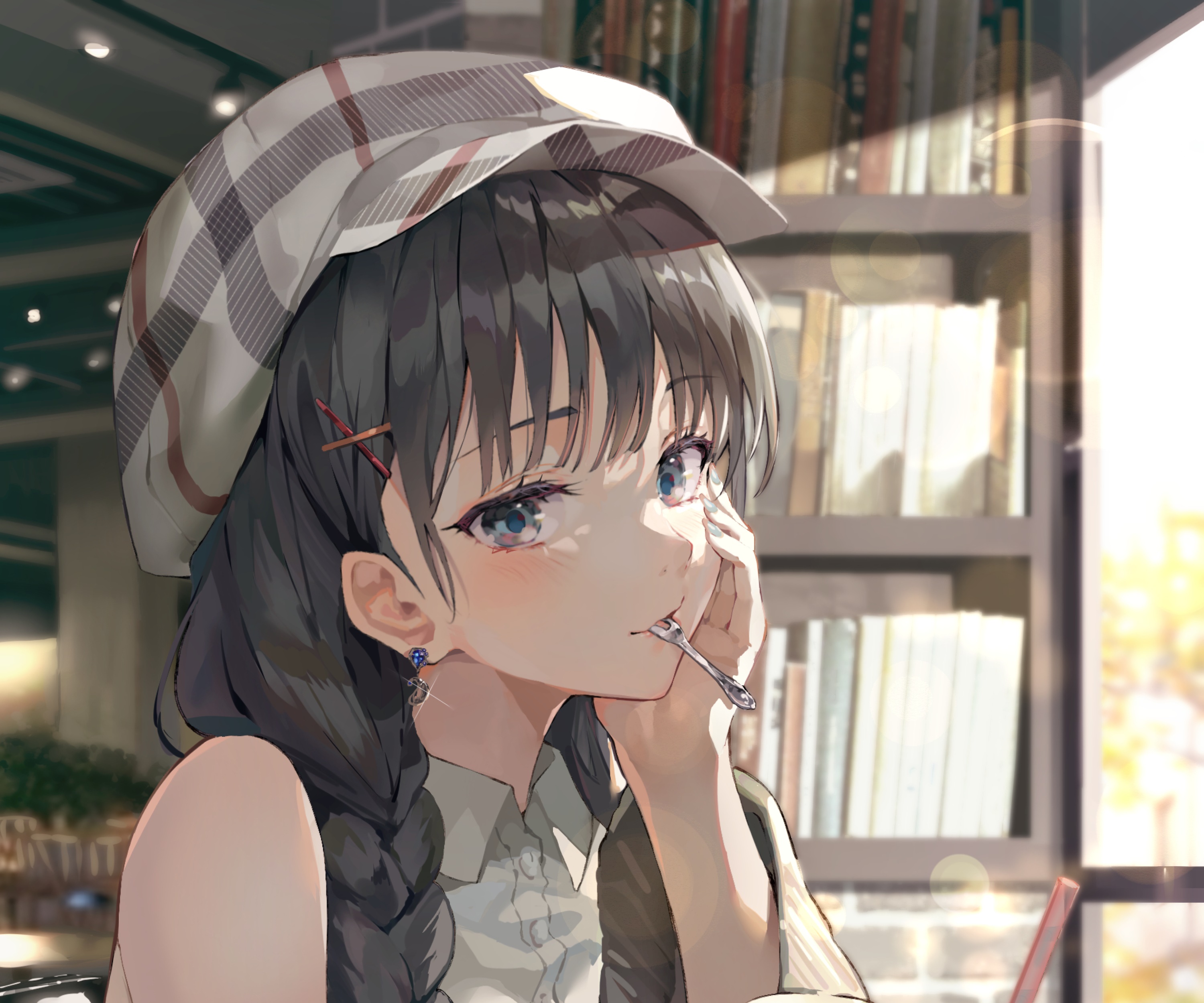 Anime girl with braided hair wearing a hat HD Wallpaper