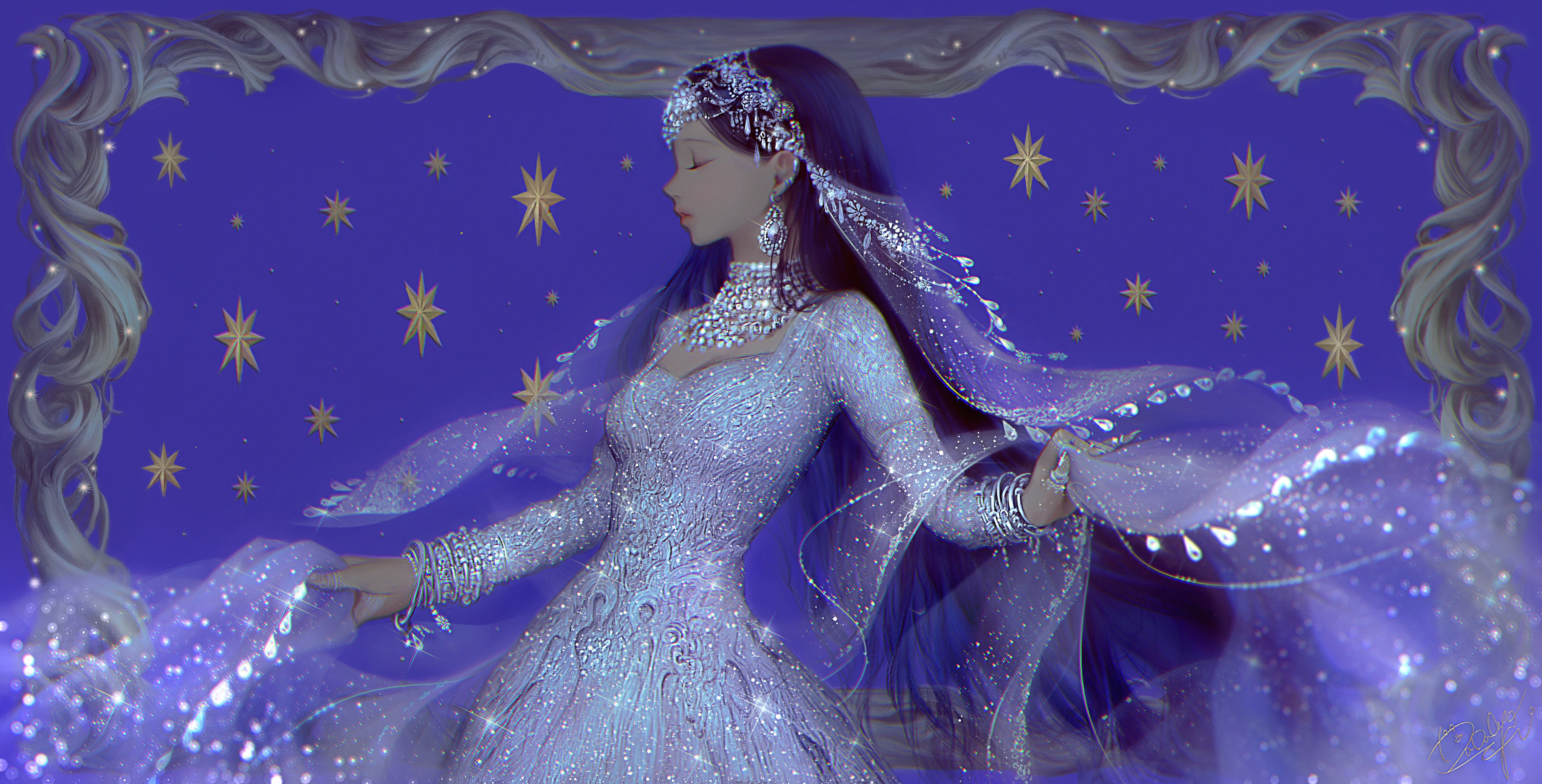 Girl in a sparkling dress with stars HD Wallpaper