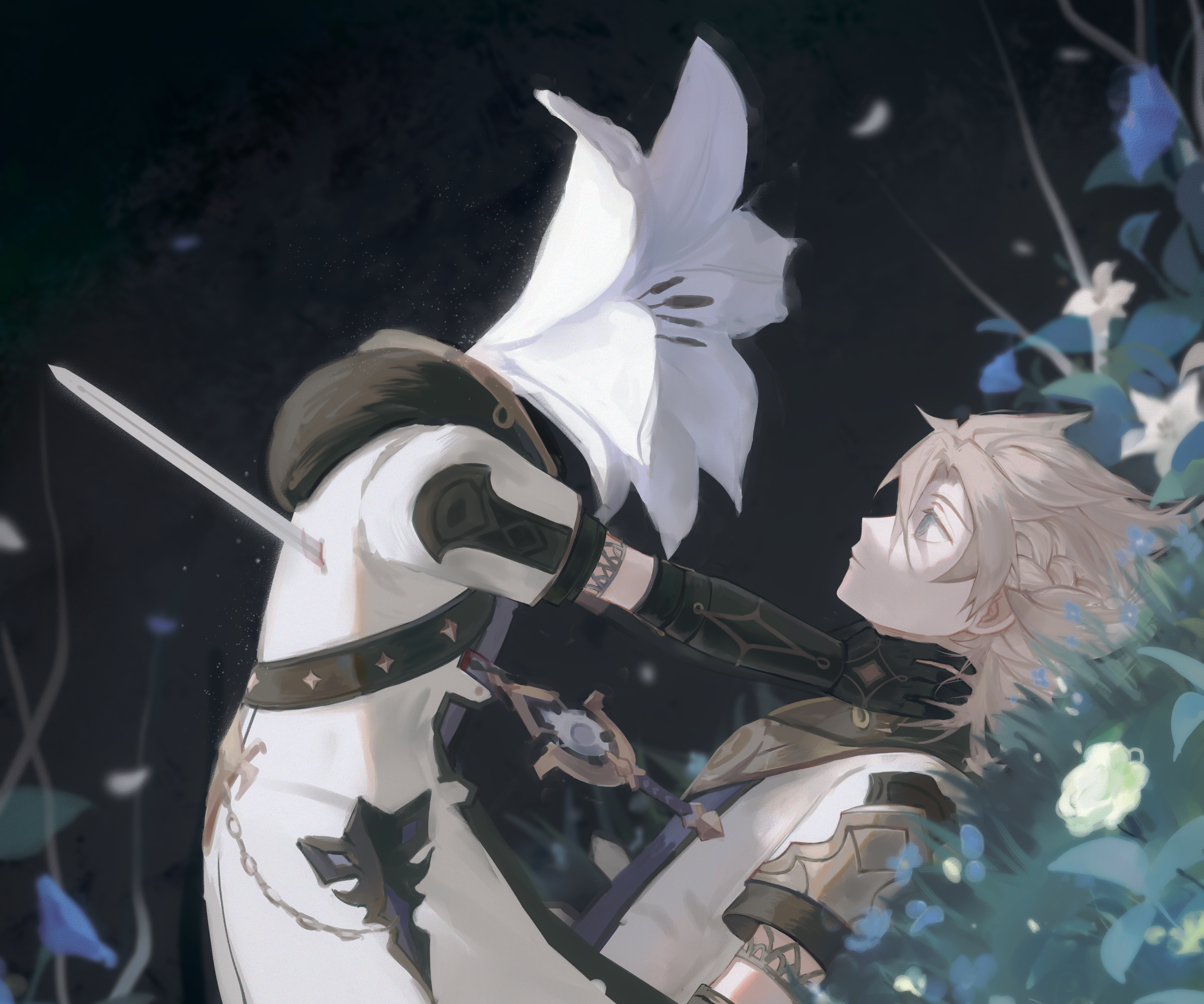 Albedo from Genshin Impact with a flower-headed figure HD Wallpaper