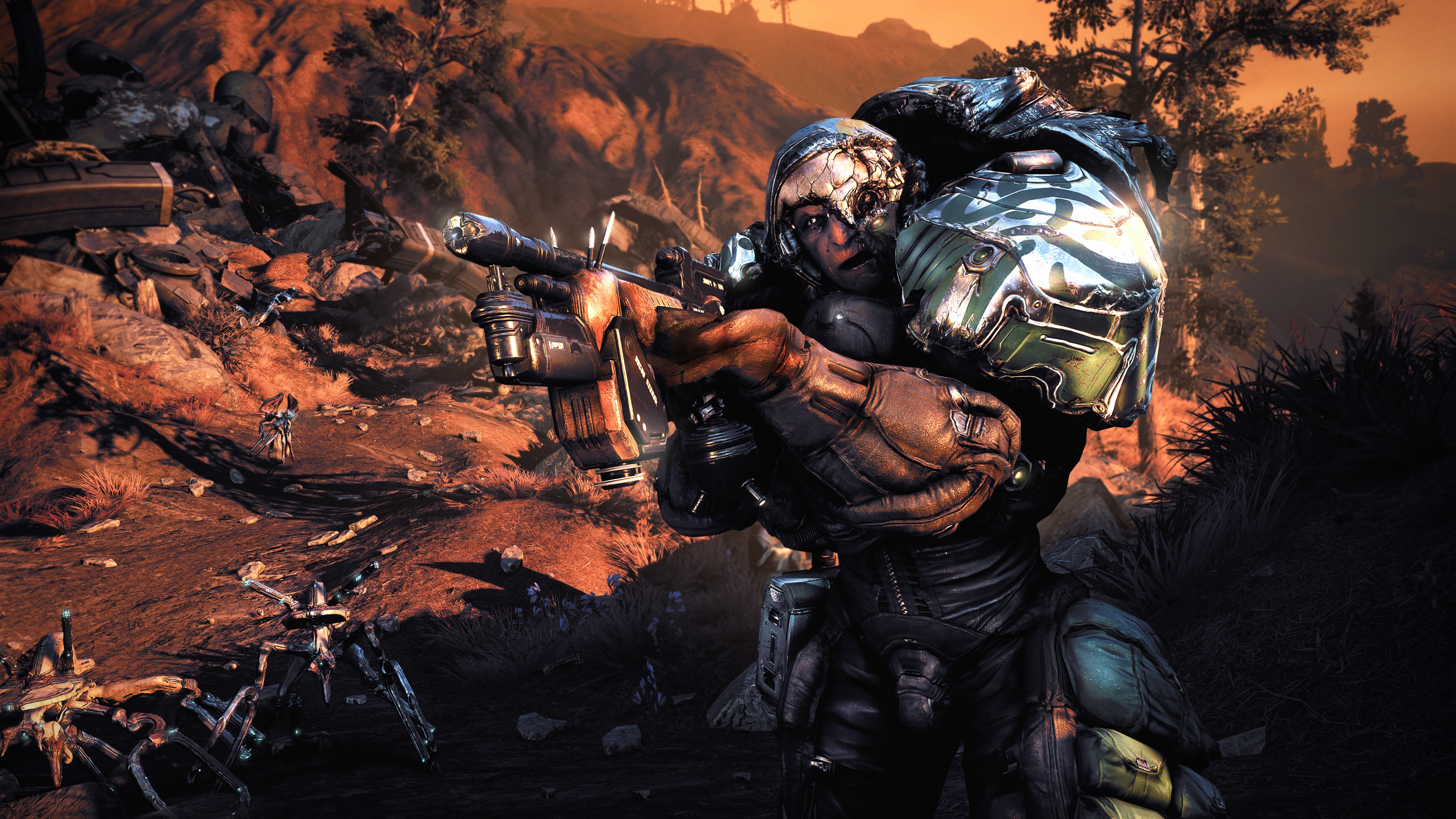 Warframe character with rifle in rocky landscape 4K HD Wallpaper