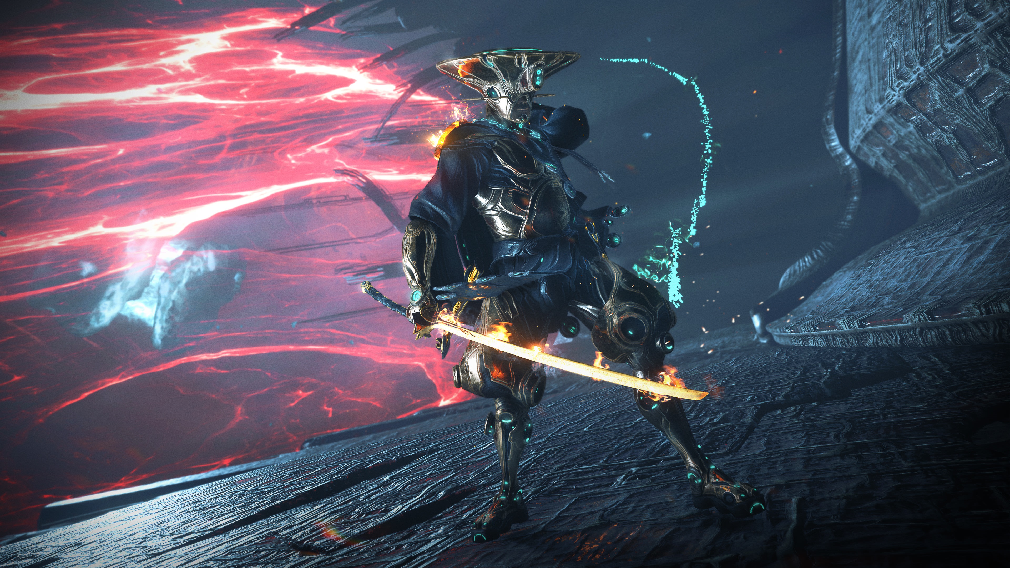 Warframe character with sword and red energy background 4K HD Wallpaper