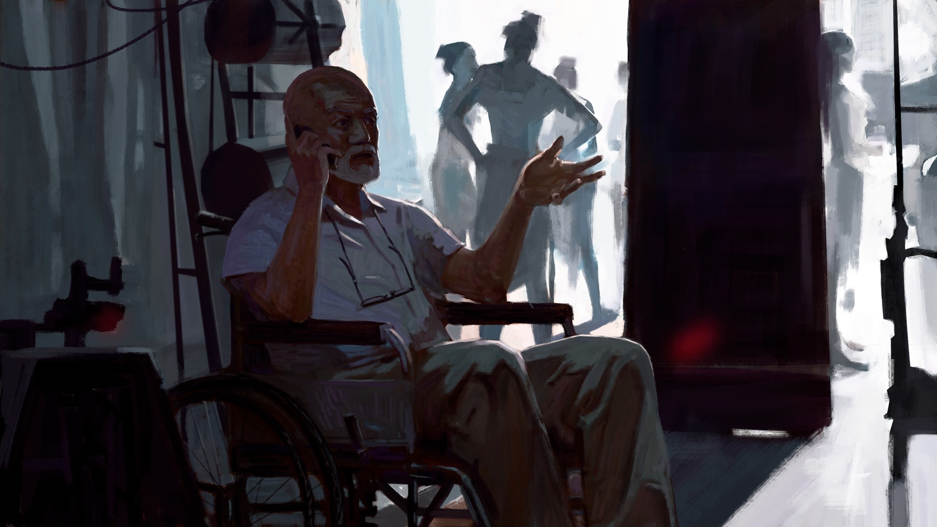 Elderly man in wheelchair on phone HD Wallpaper