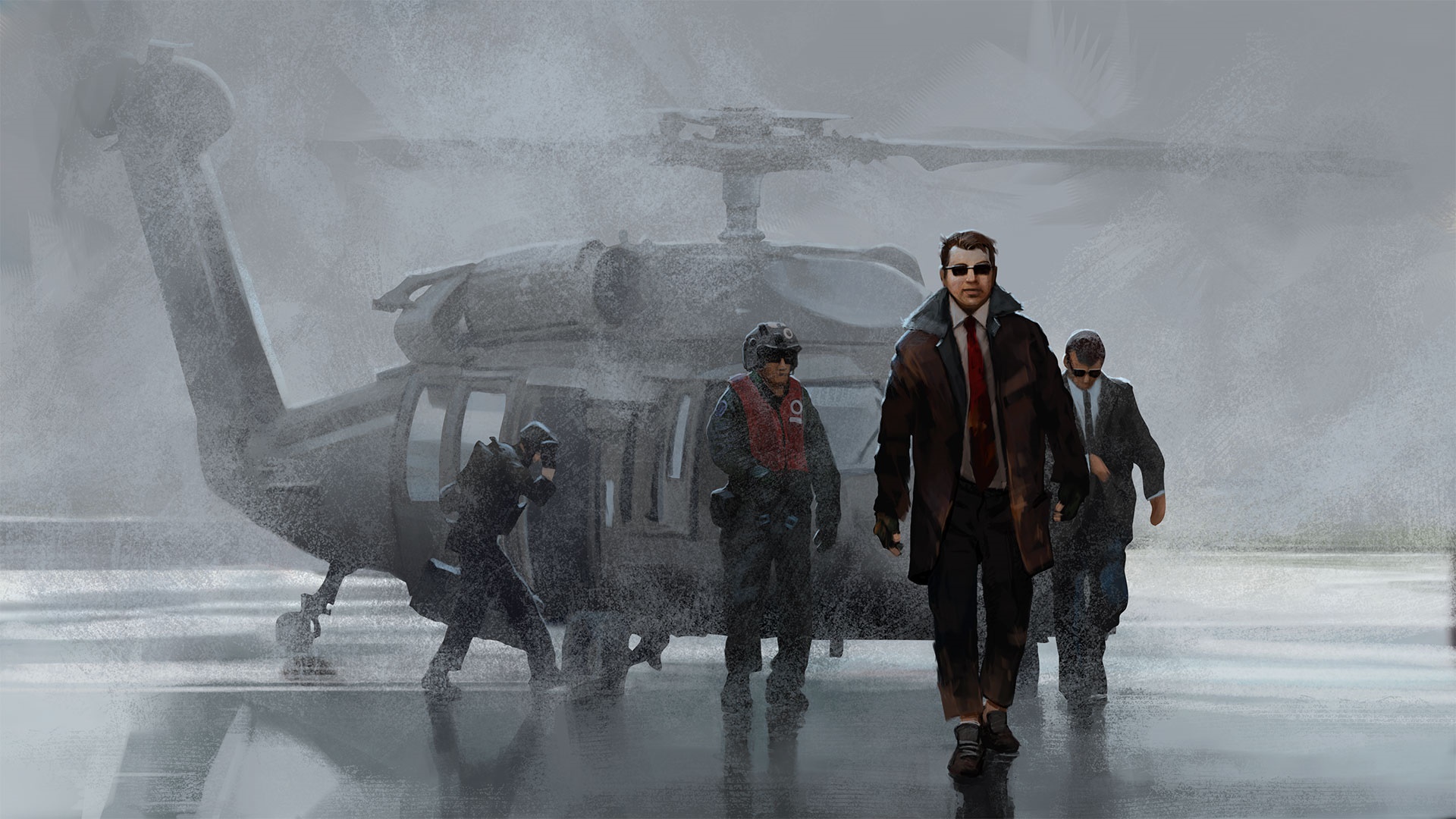 Men in suits and helicopter in the rain HD Wallpaper