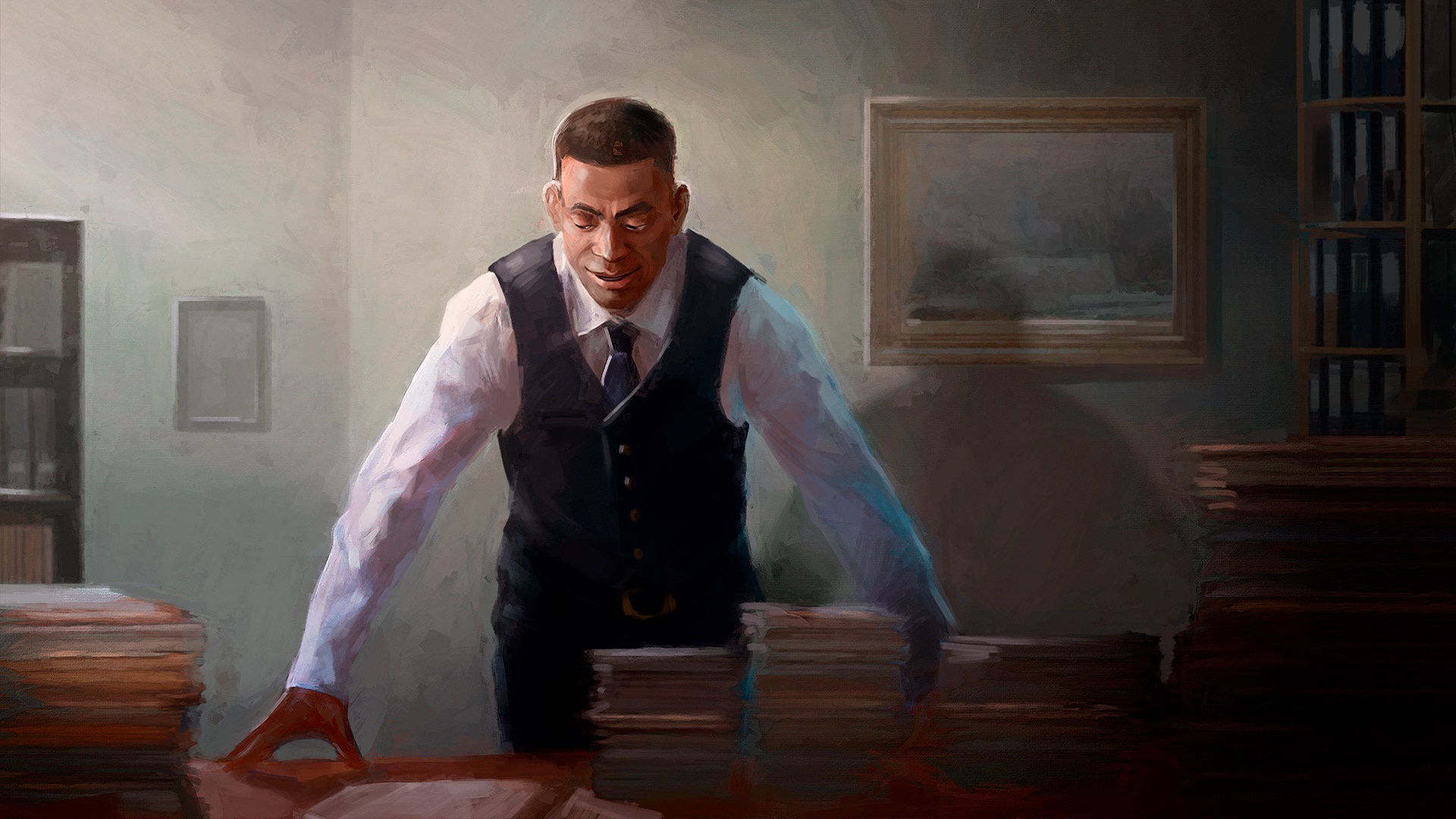 Man in suit leaning over desk with papers HD Wallpaper