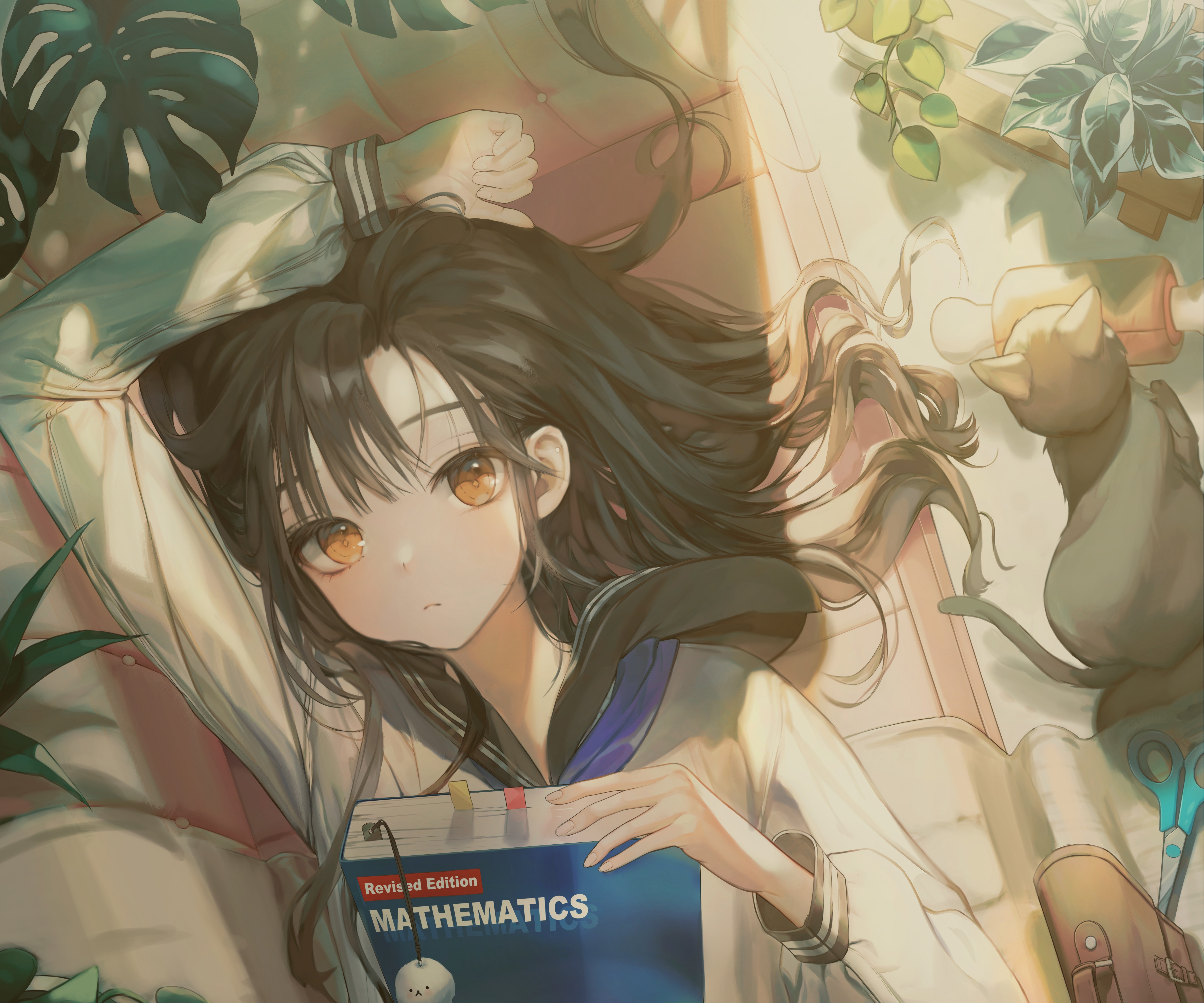 Girl lying down with a mathematics book HD Wallpaper