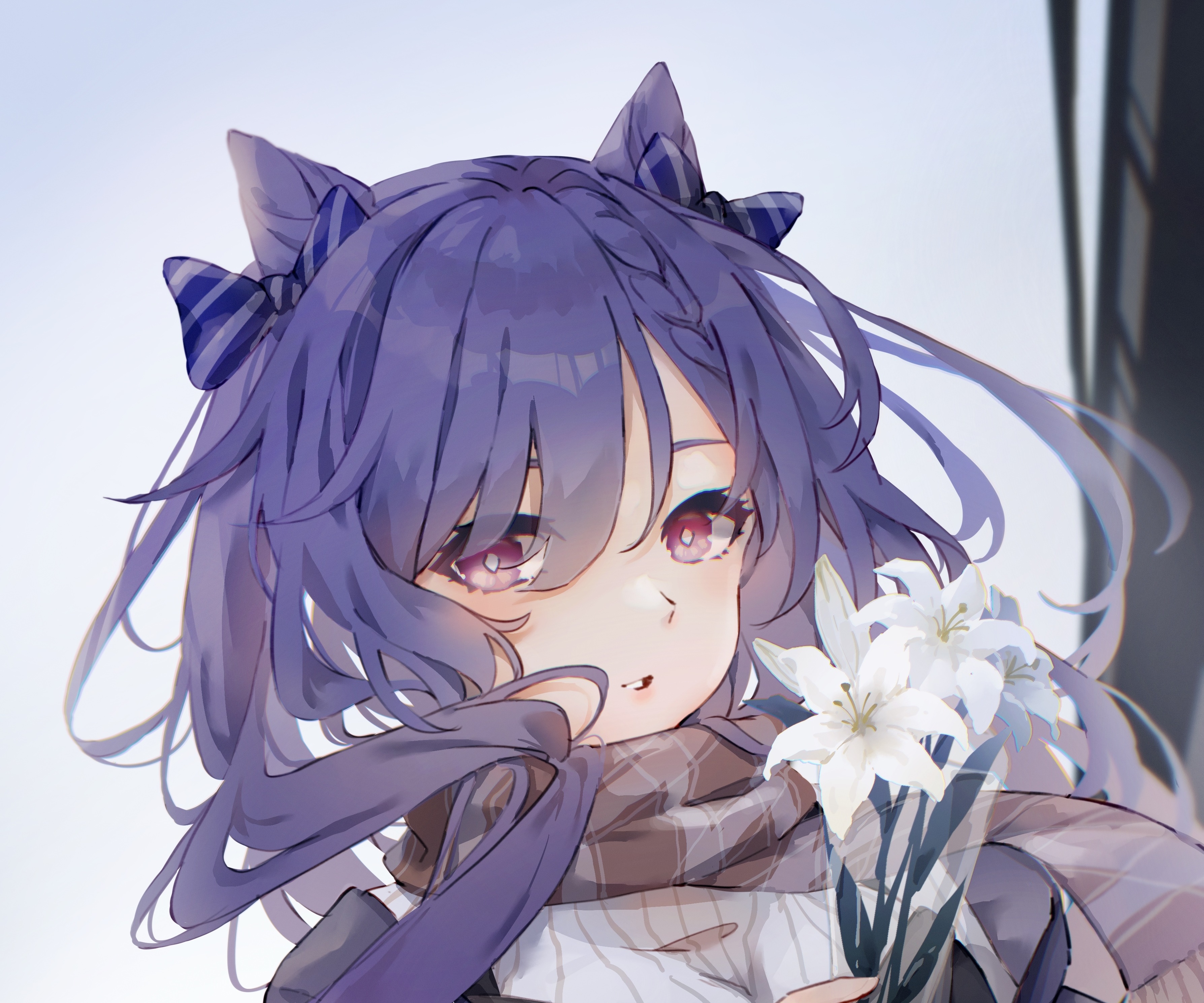 Keqing from Genshin Impact with lilies HD Wallpaper