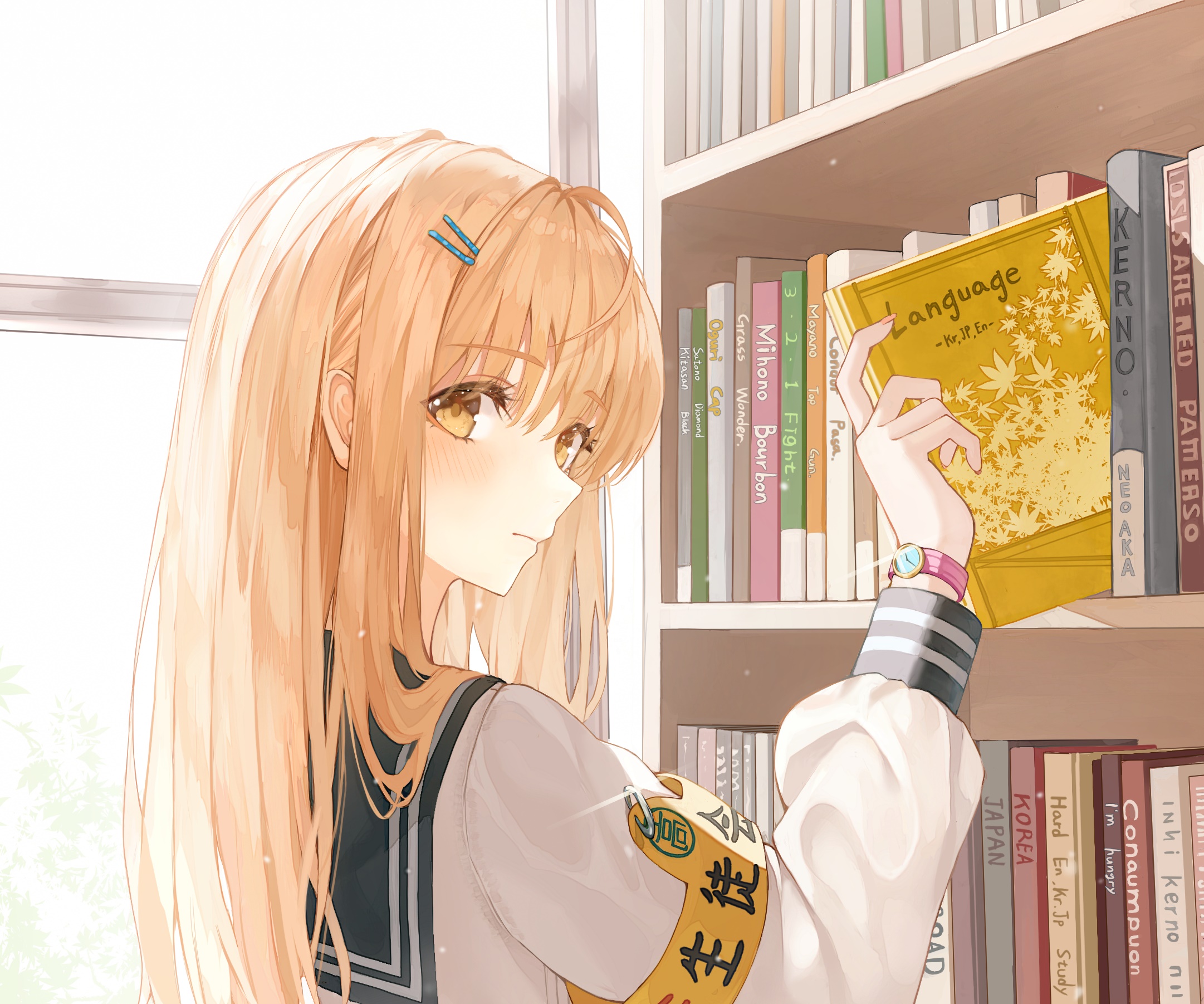 Girl reaching for a book on a shelf HD Wallpaper
