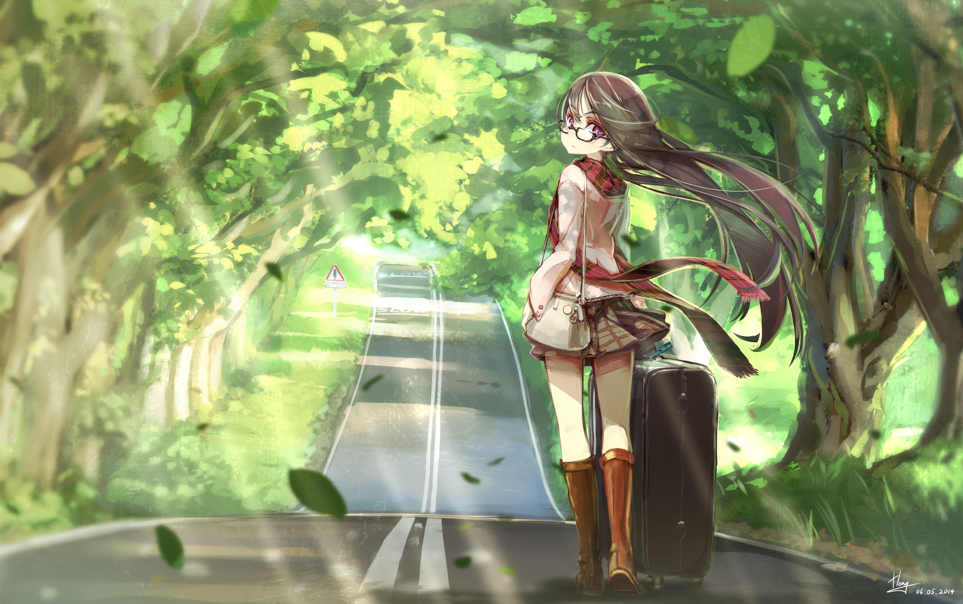 Girl with glasses and suitcase on a tree-lined road HD Wallpaper