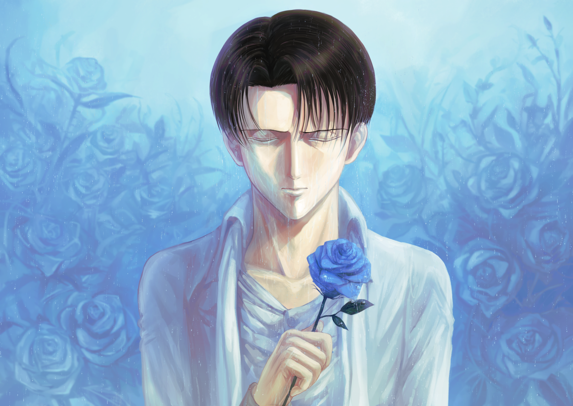 Levi Ackerman from Attack on Titan holding a blue rose HD Wallpaper