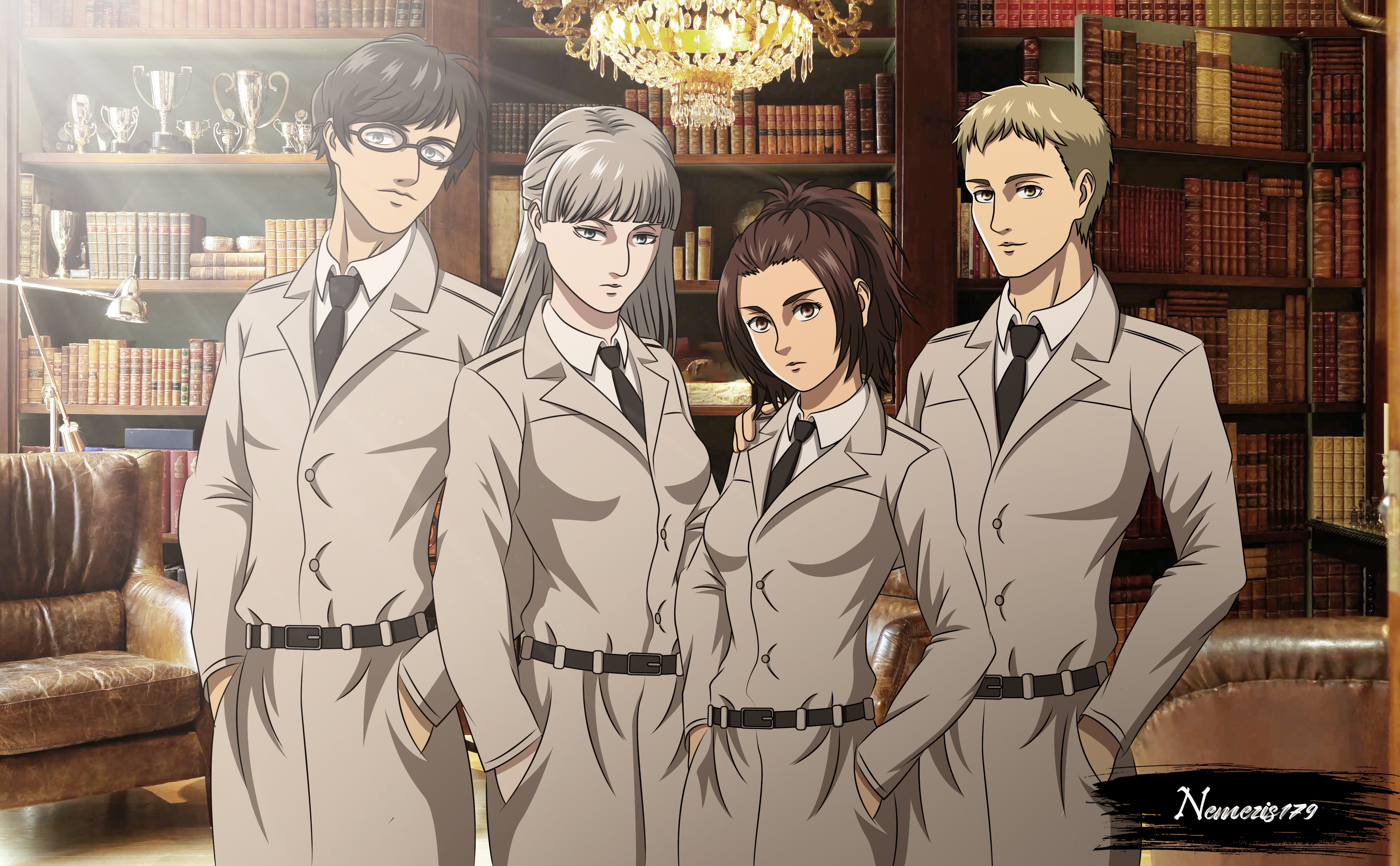 Attack on Titan characters in a library HD Wallpaper