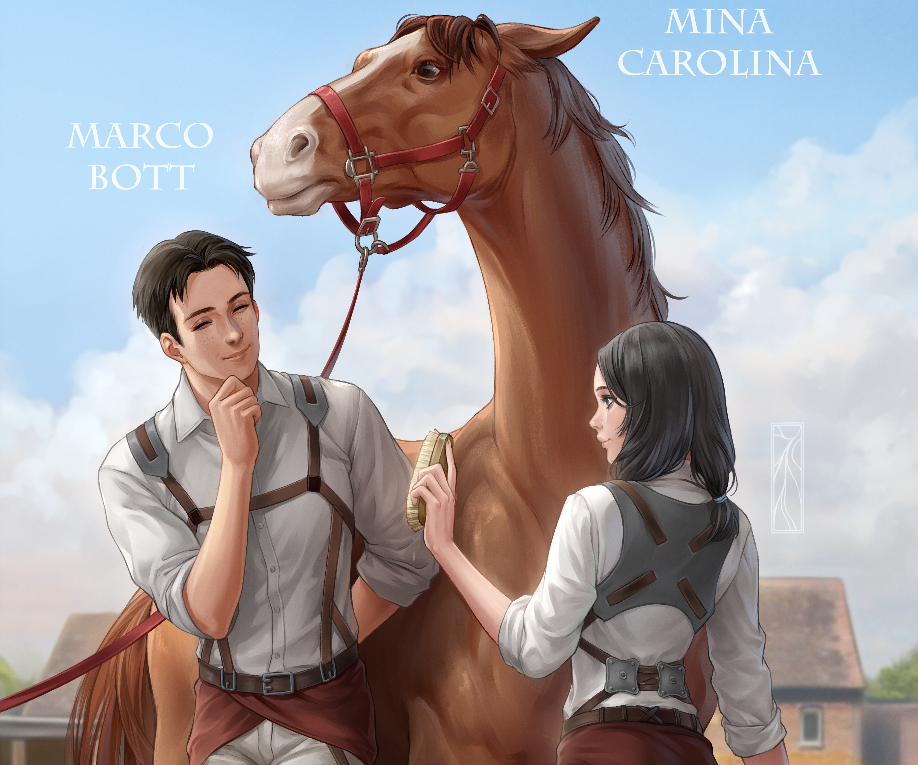Marco Bott and Mina Carolina from Attack on Titan with a horse HD Wallpaper