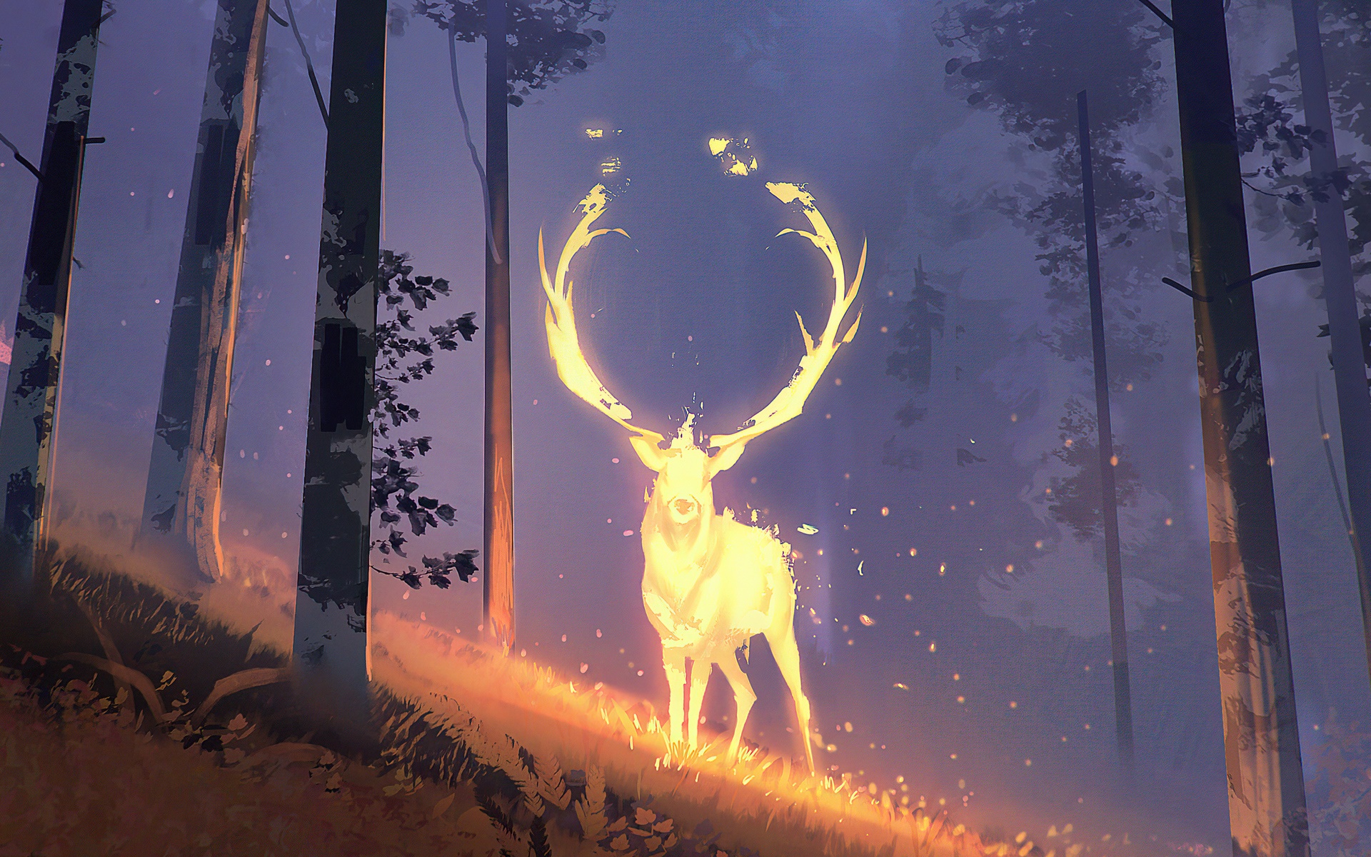 Fantasy Deer with Fiery Antlers in Forest HD Wallpaper