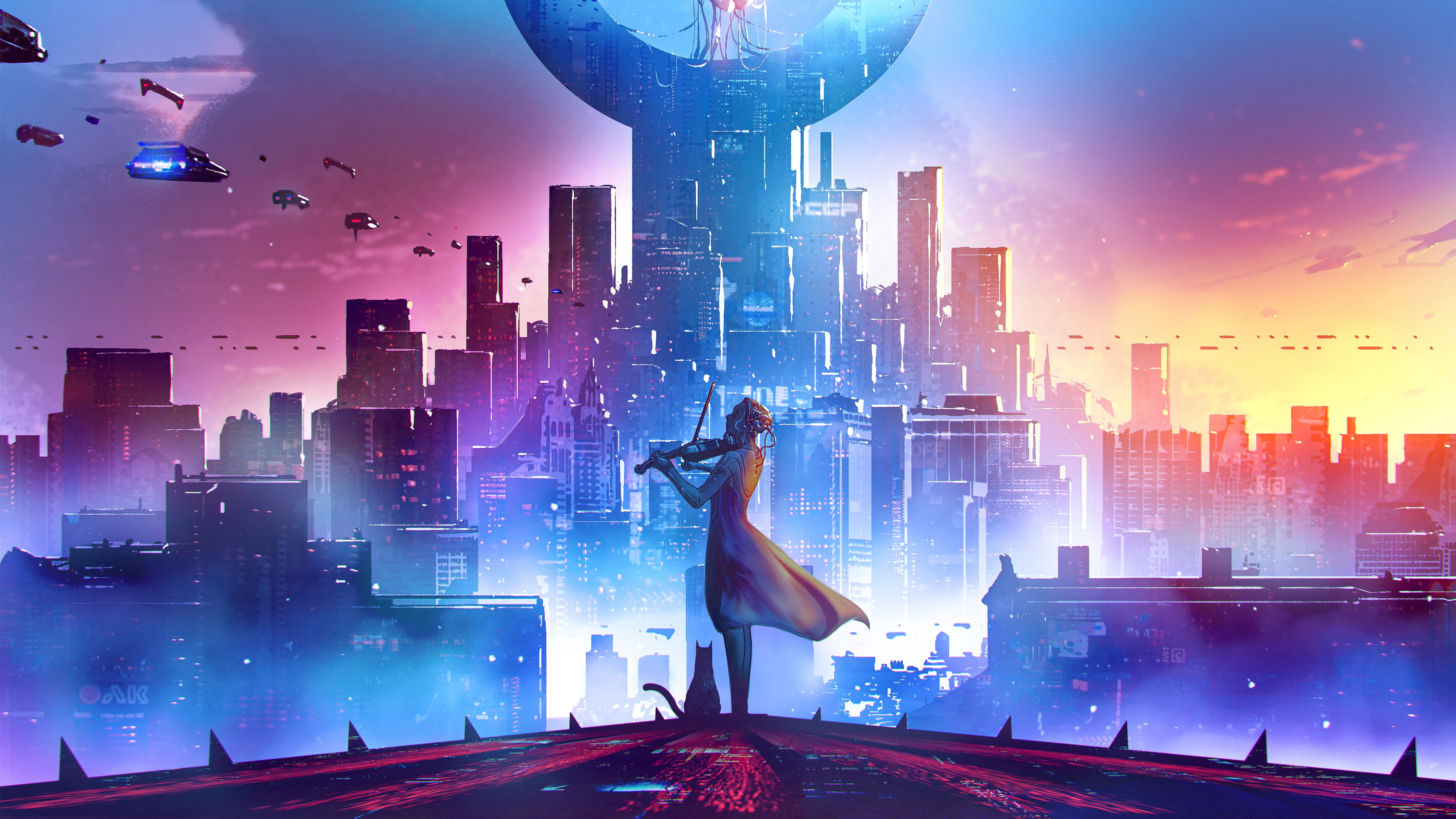 Futuristic Cityscape with Violinist and Cat HD Wallpaper