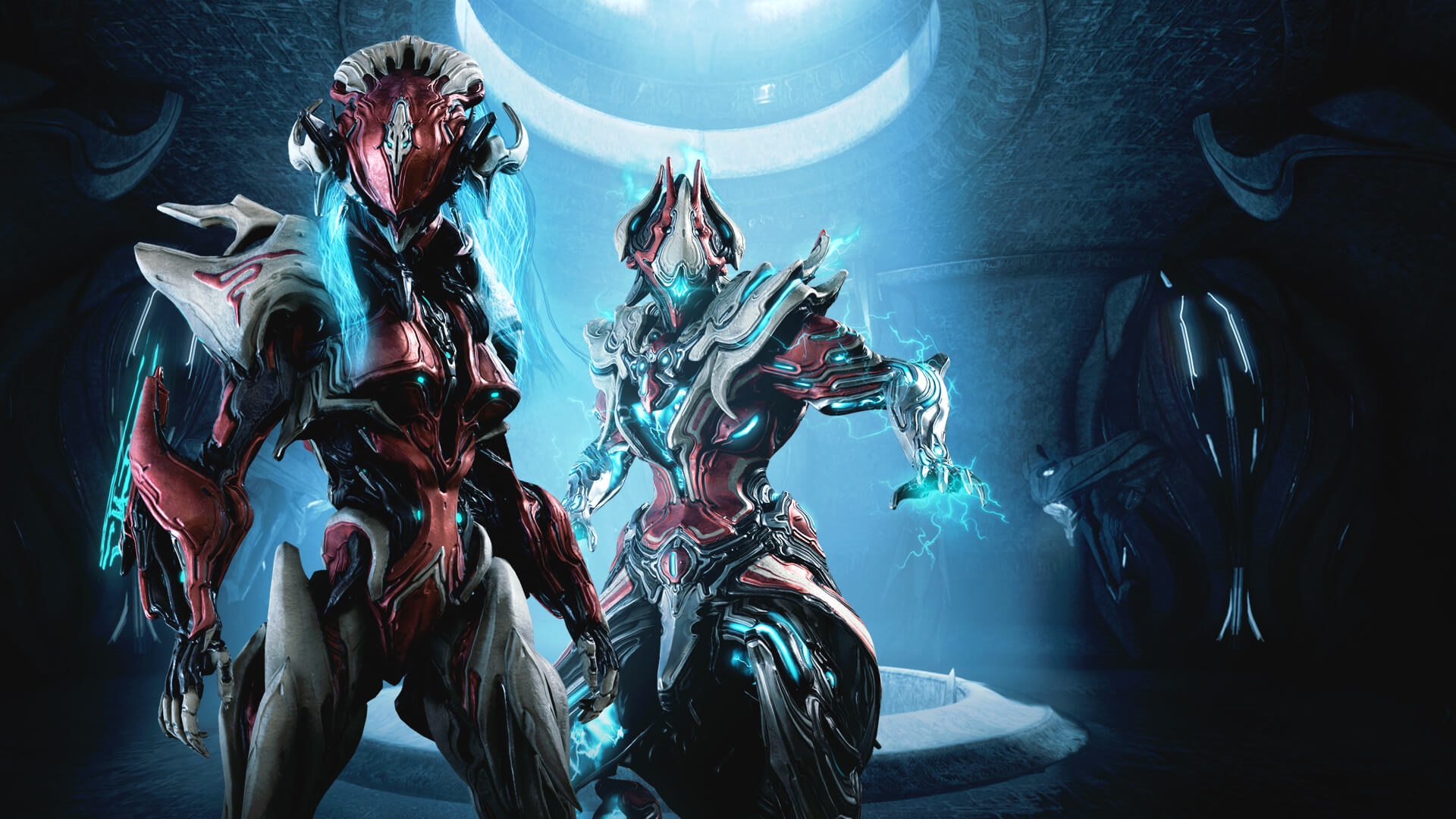 Two Warframe characters in a futuristic chamber HD Wallpaper