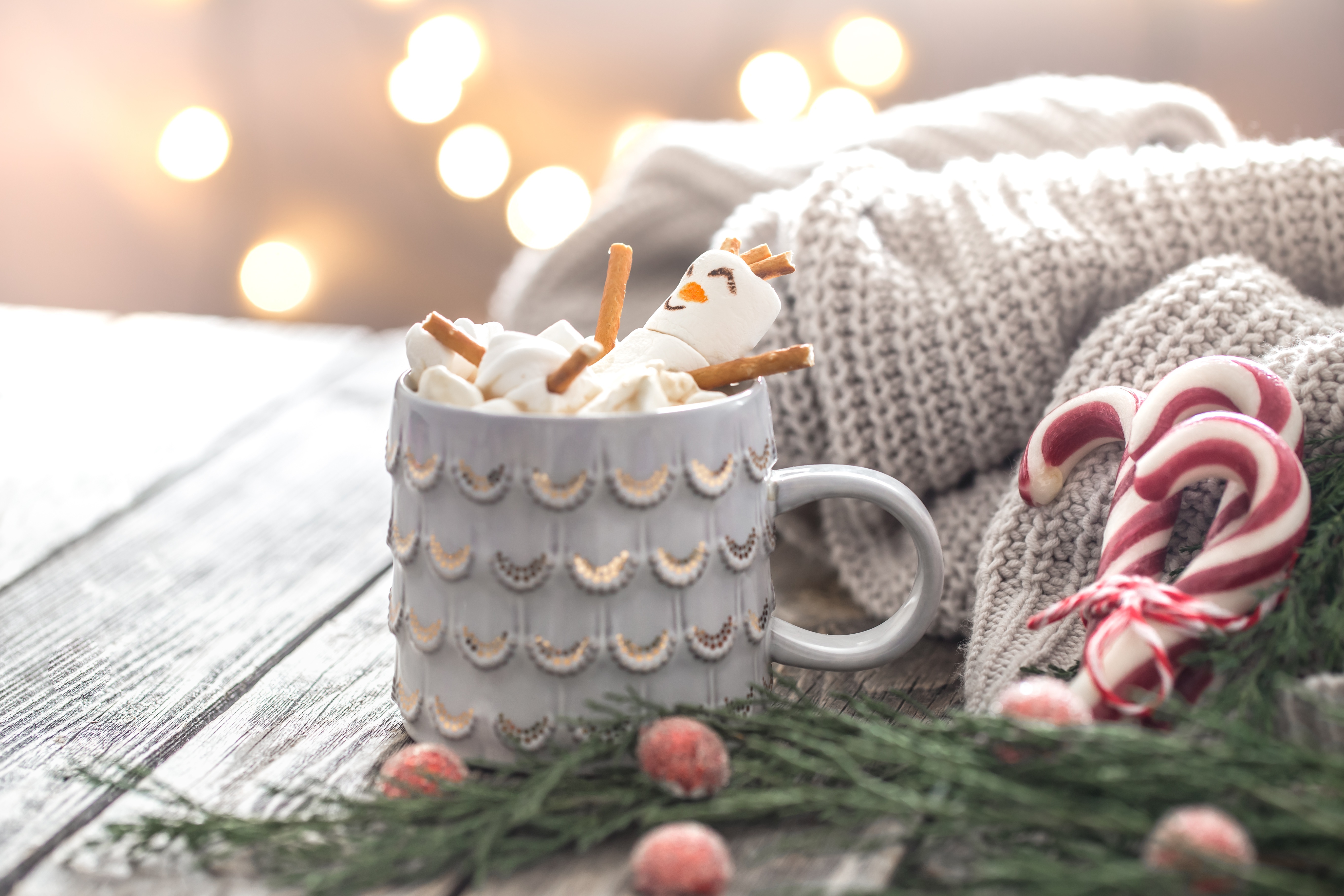 Hot Chocolate with Marshmallow Snowman and Candy Canes HD Wallpaper