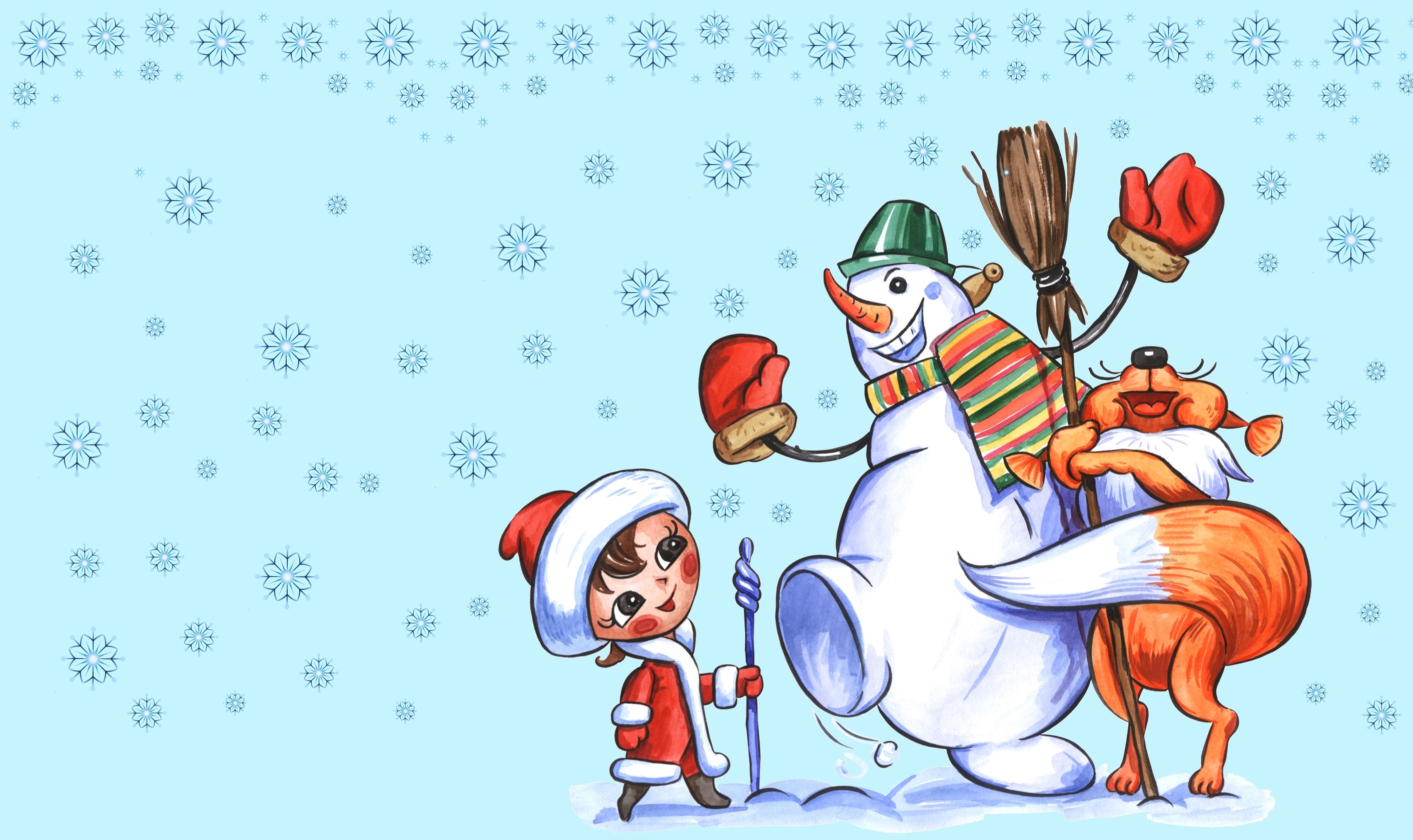 A girl, snowman, and fox in a snowy landscape HD Wallpaper