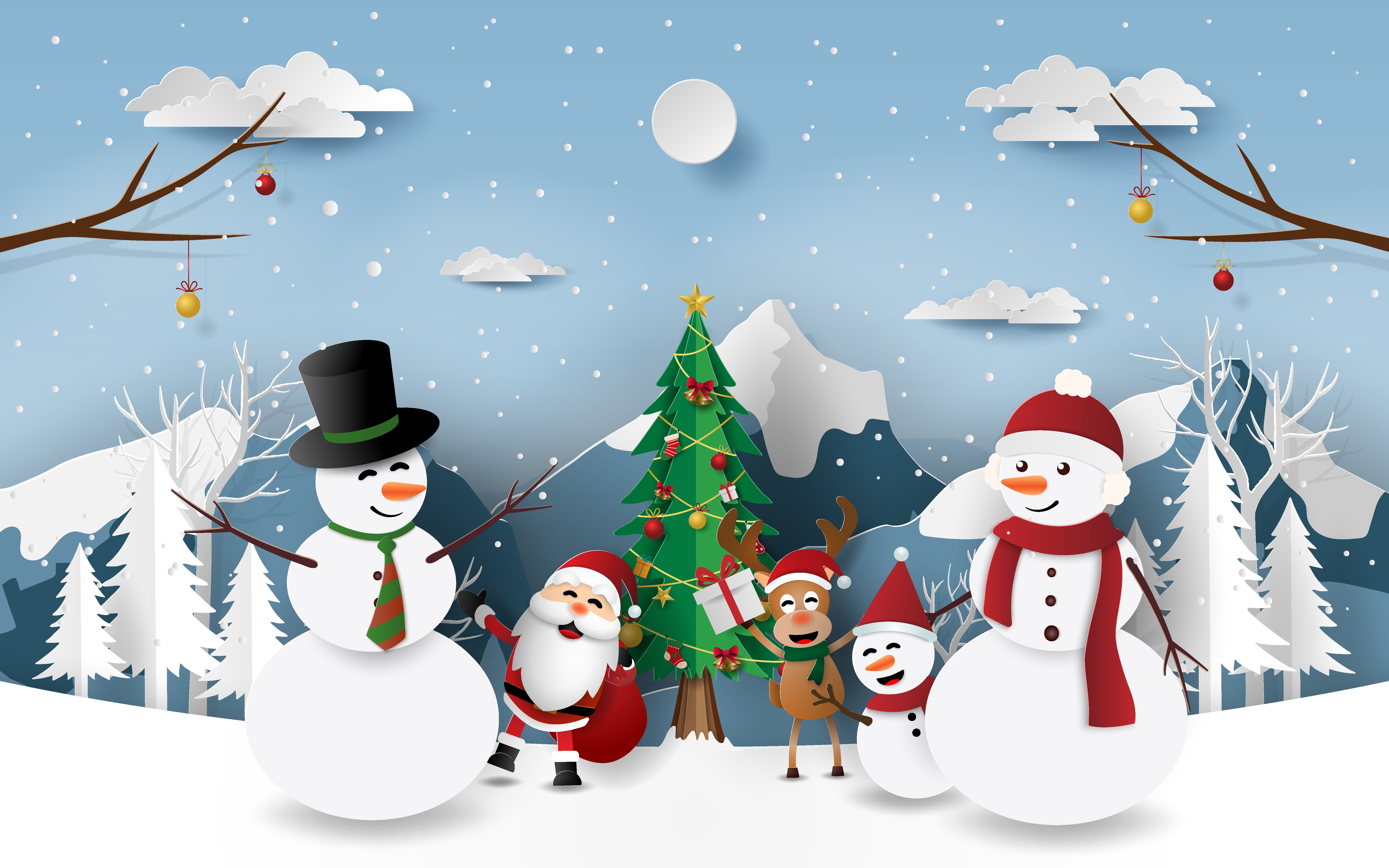 Christmas scene with Santa, snowmen, and reindeer HD Wallpaper