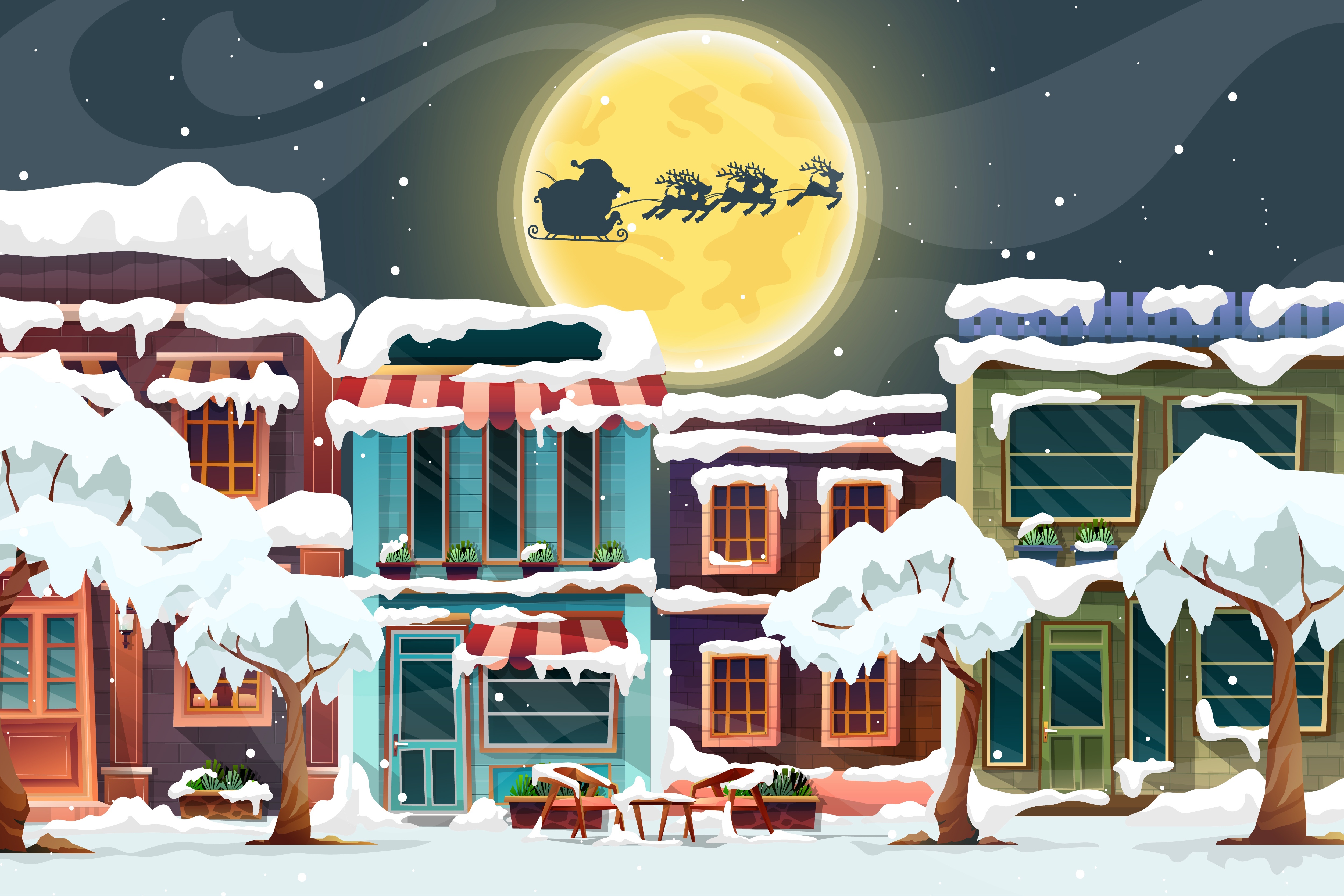 Santa Claus flying in sleigh over snowy town at night 4K HD Wallpaper