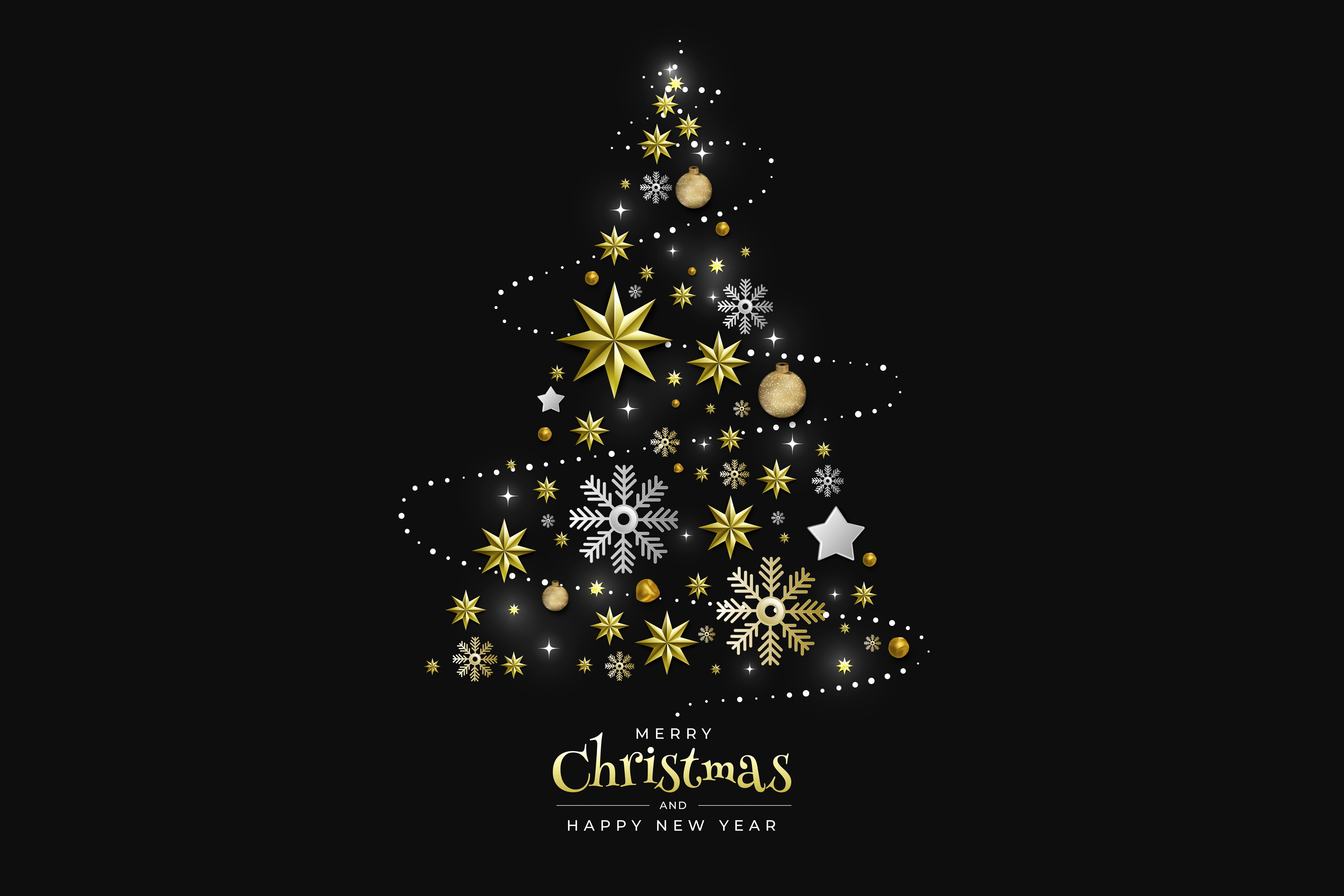 Christmas Tree with Golden Stars and Snowflakes HD Wallpaper