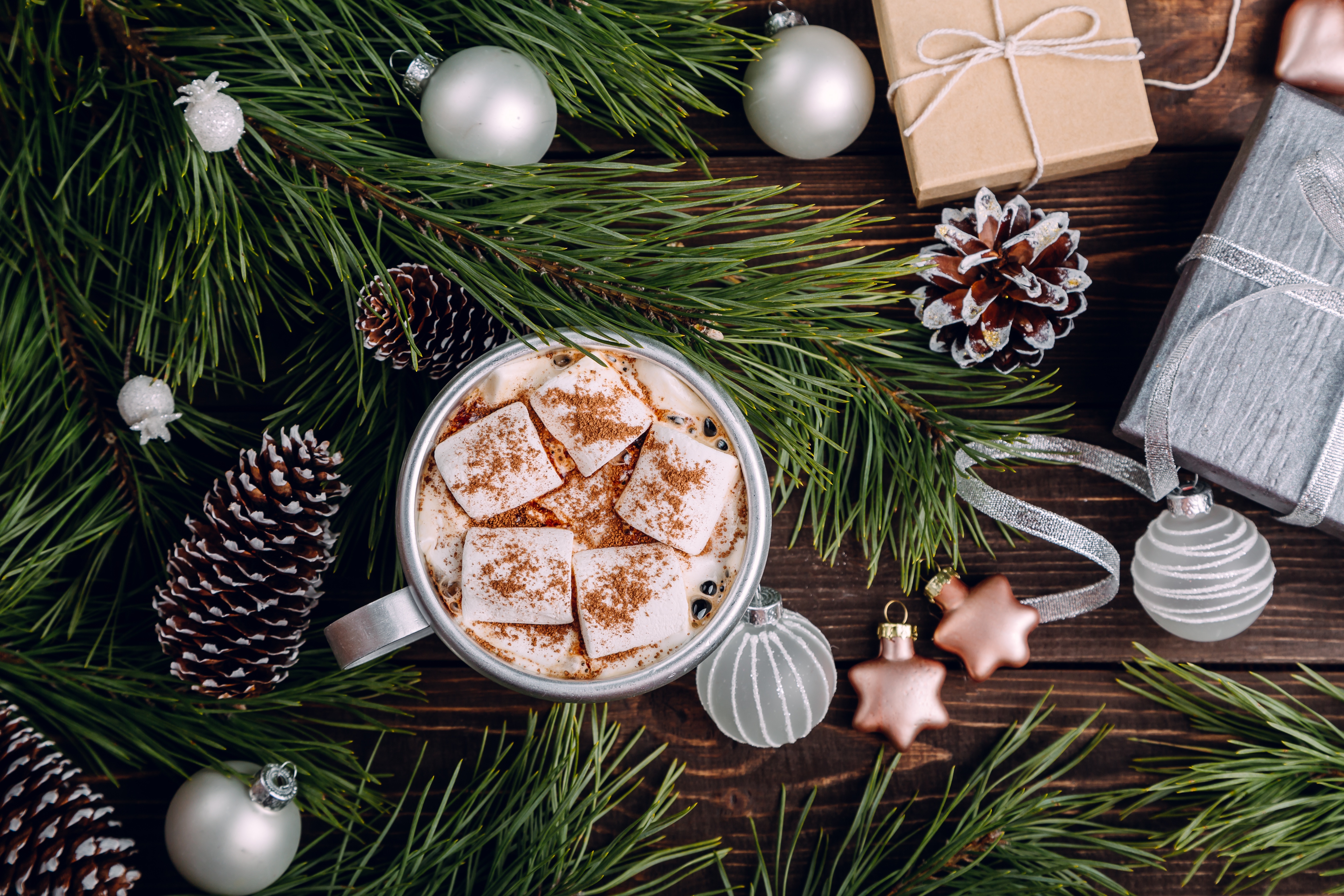 Hot Chocolate with Marshmallows and Christmas Decorations HD Wallpaper