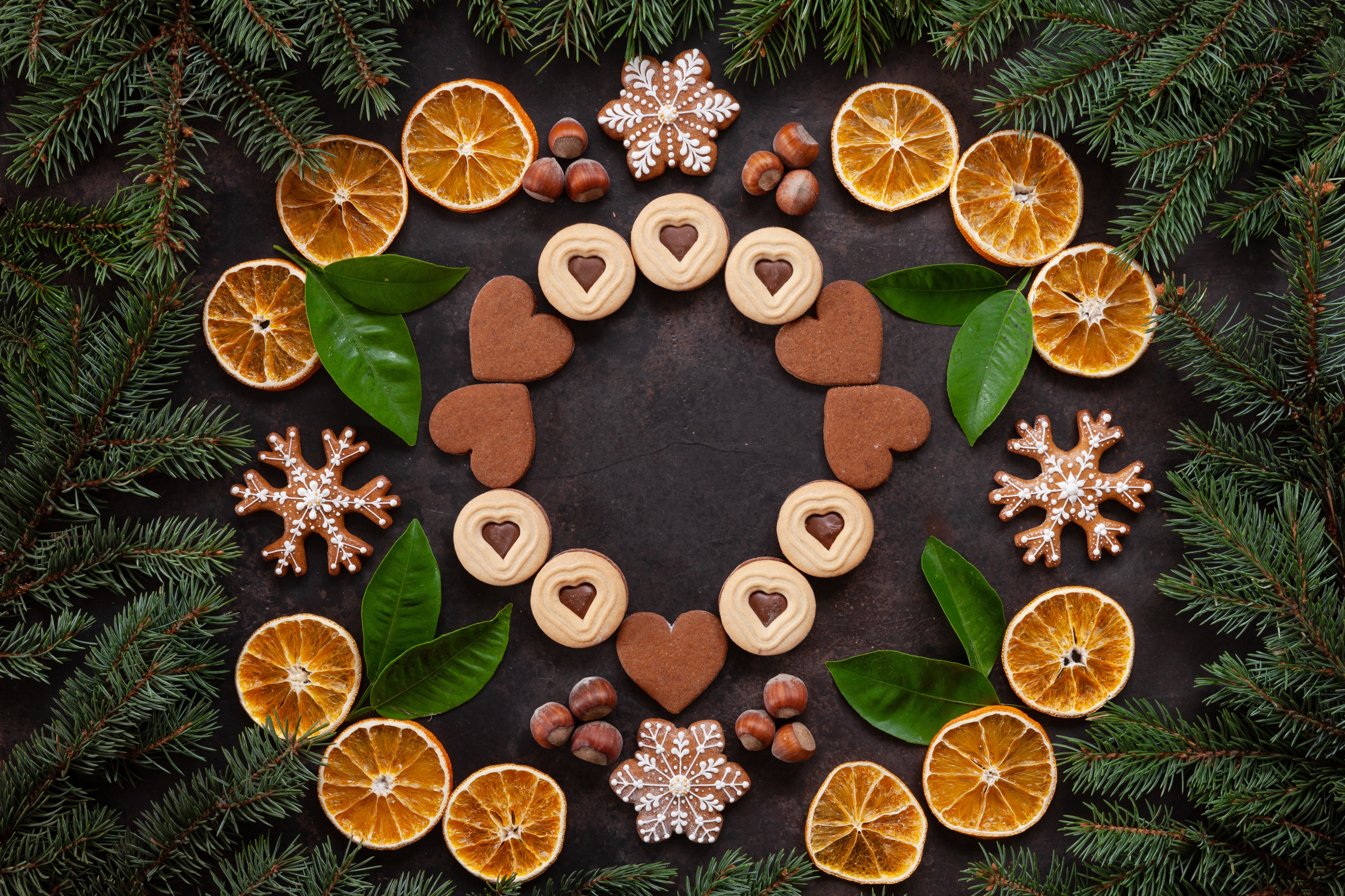 Christmas still life with cookies and oranges 4K HD Wallpaper