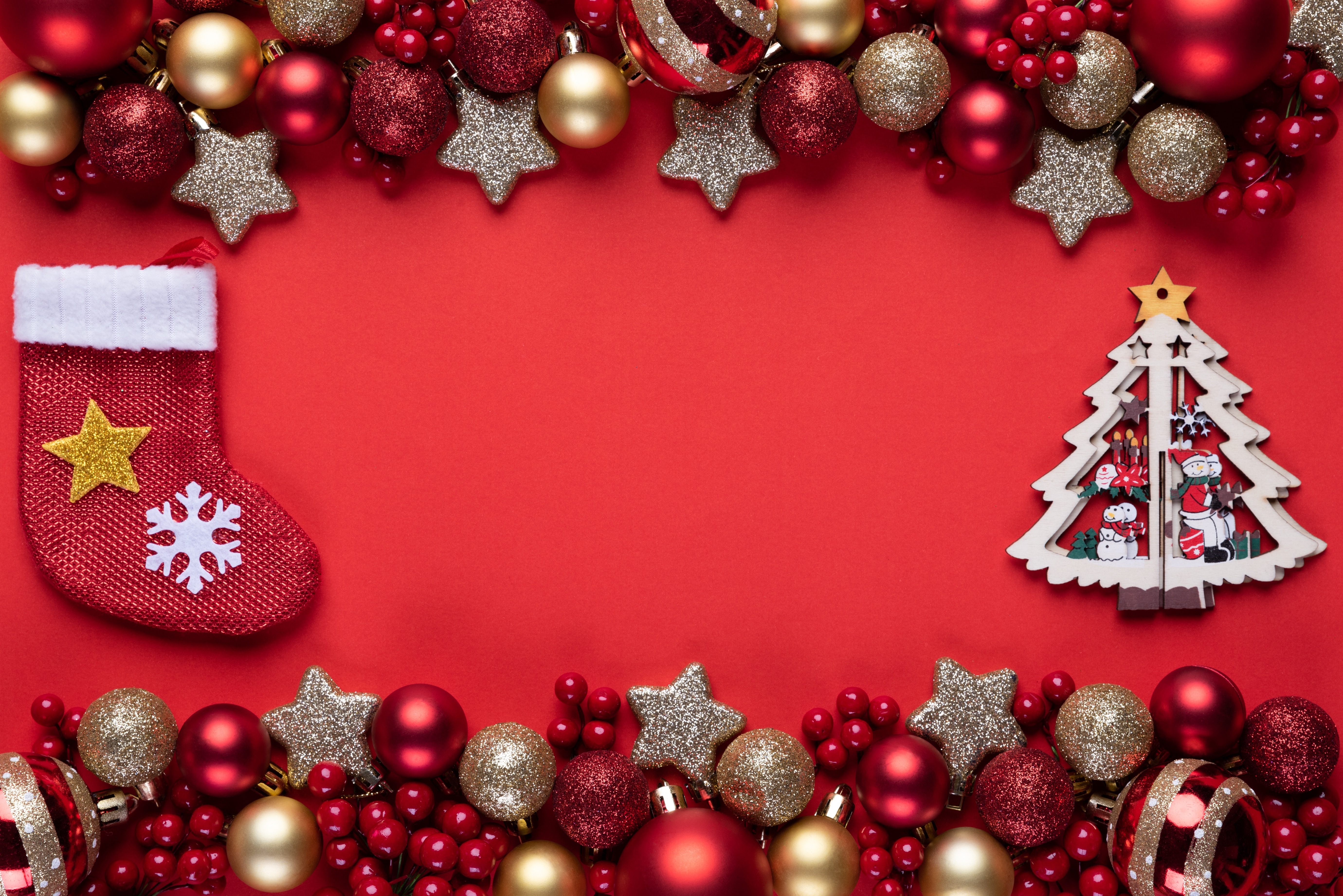 Christmas Ornaments and Decorations on Red Background HD Wallpaper