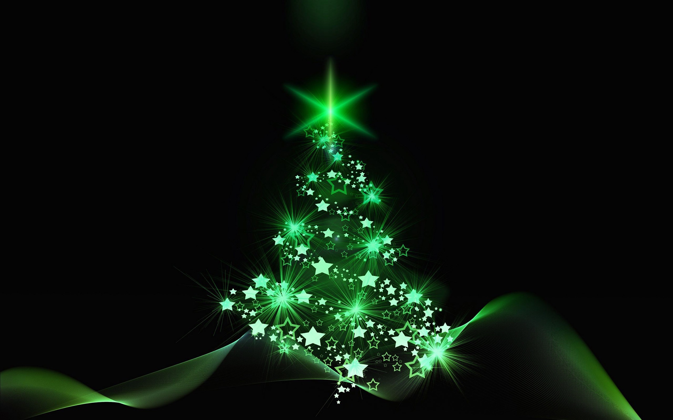Green glowing Christmas tree made of stars HD Wallpaper