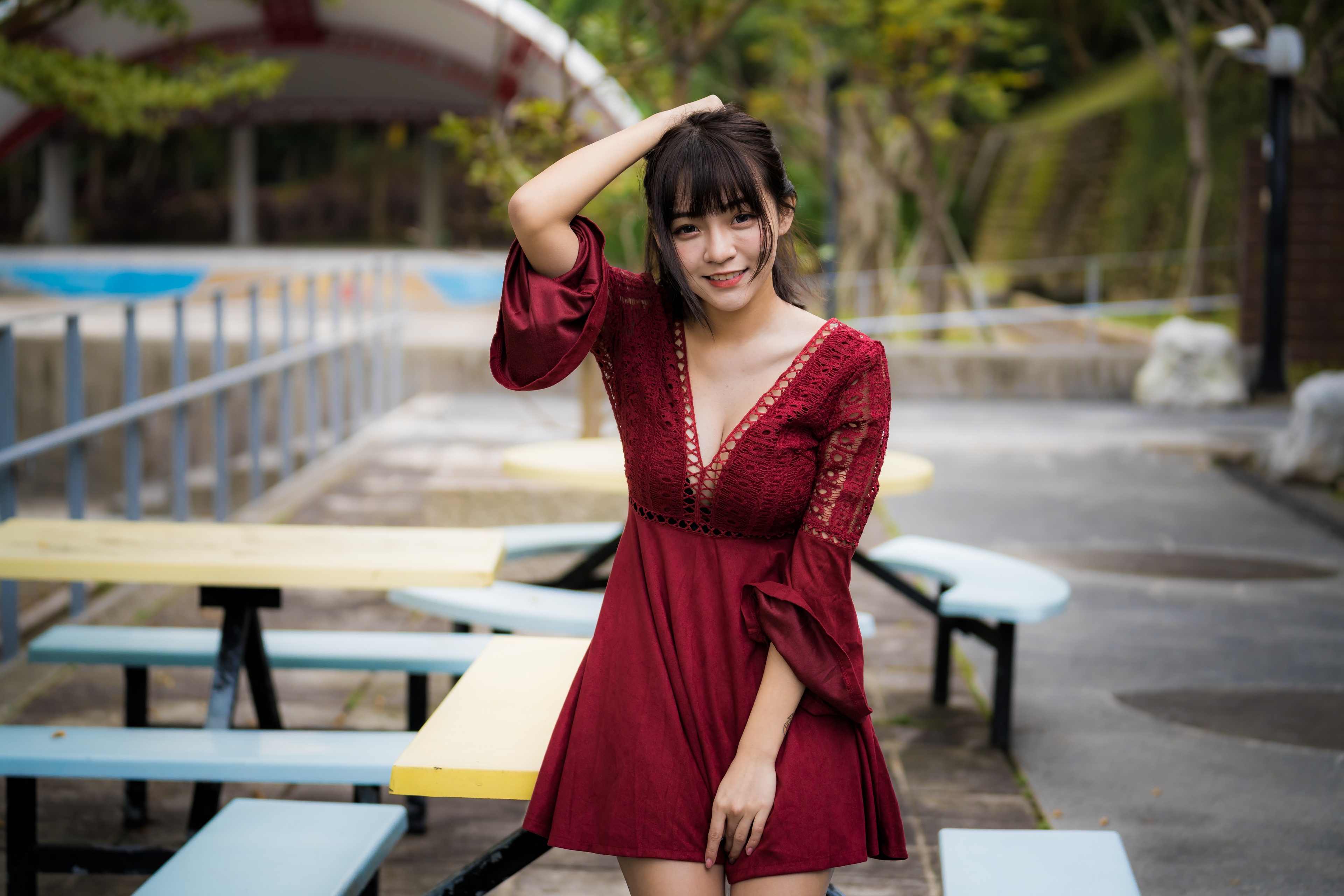 Asian woman in red dress HD Wallpaper