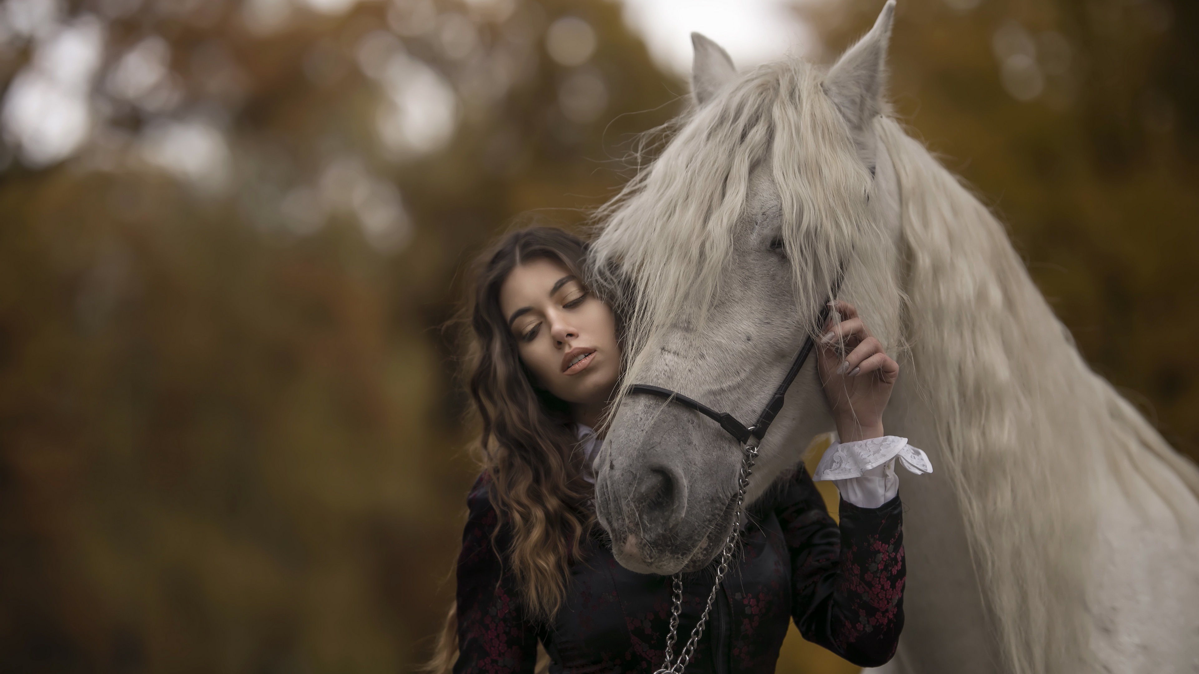 Woman with white horse in autumn HD Wallpaper