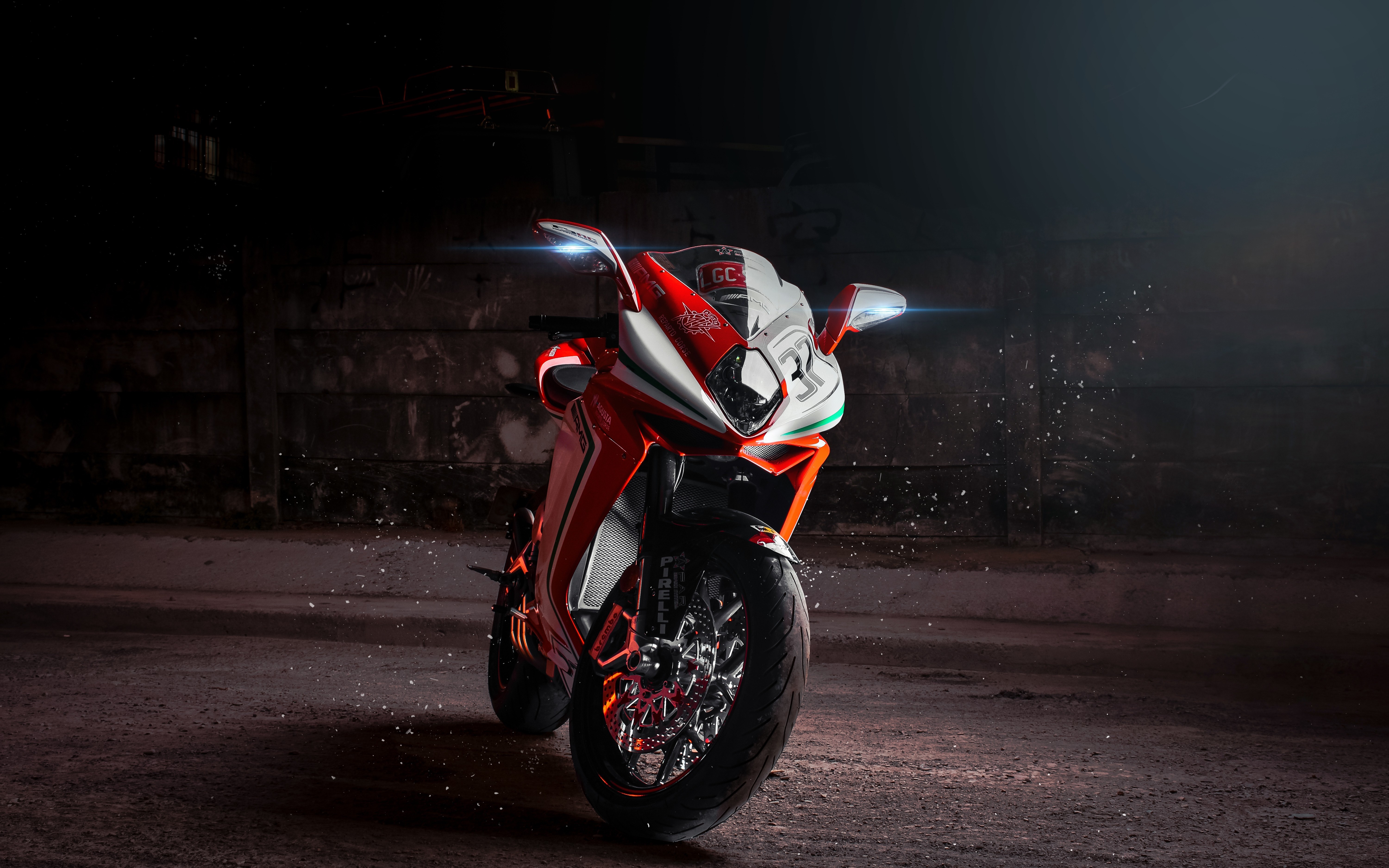 MV Agusta motorcycle in front of a concrete wall HD Wallpaper